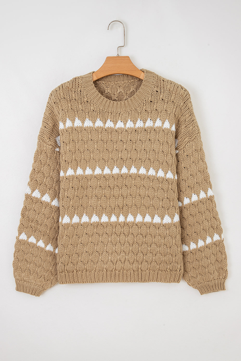 Contrast Detail Textured Knit Puff Sleeve Baggy Sweater - eAura
