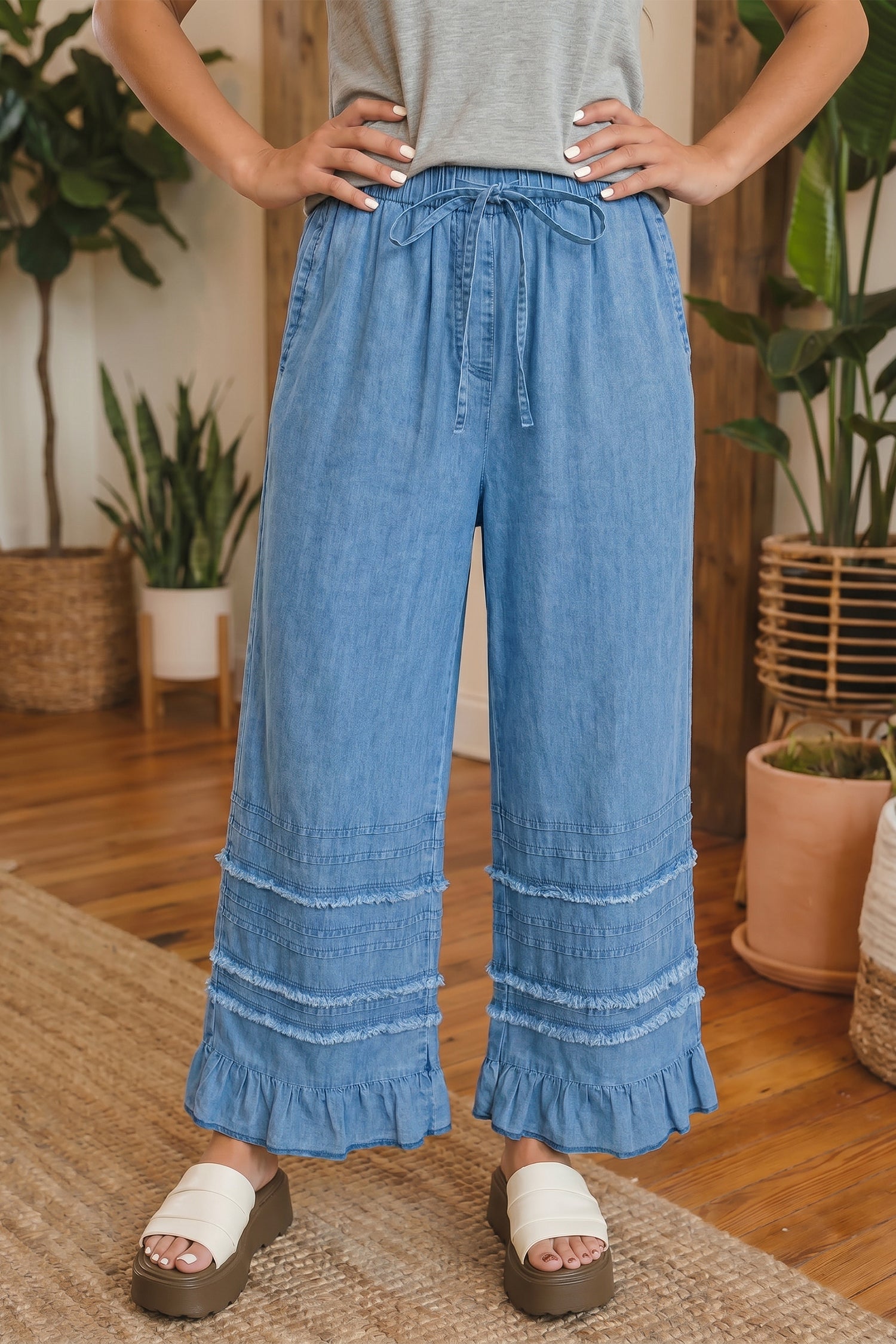 Ruffled Hem Wide Leg Chambray Pants – Dusk Blue