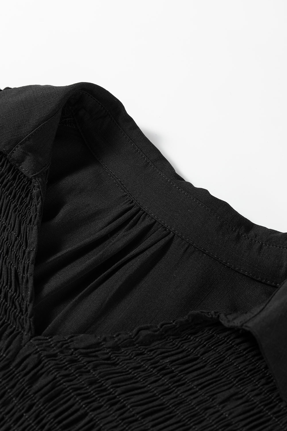 Collared V-Neck Smocked Detail Contrast Leopard Trim Bracelet Sleeve Long Dress - eAura