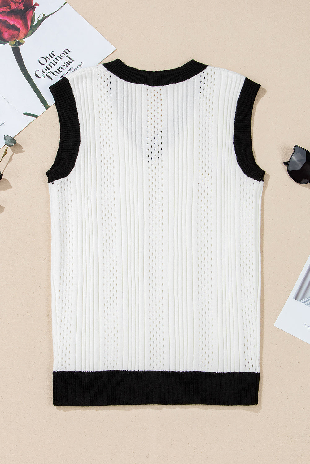 White Contrast Trim Eyelet Knit Colourblock V Neck Sweater Vest eAura