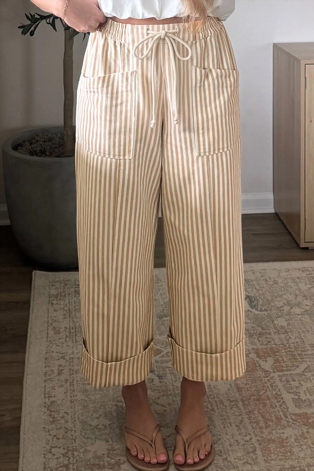 Ribbon Drawstring Waist Full-Length Shift Pant – Apricot Stripe