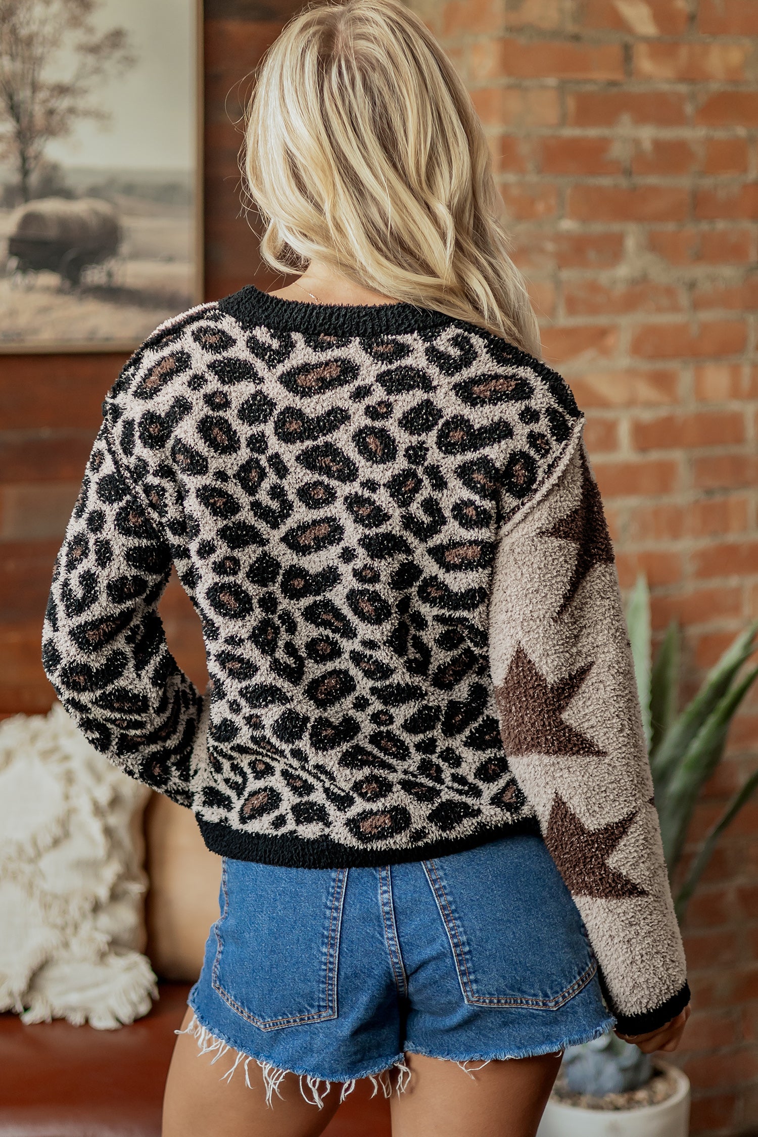 Leopard Star Pattern Round Neck Long Sleeve Shift Sweater – Smoke Gray