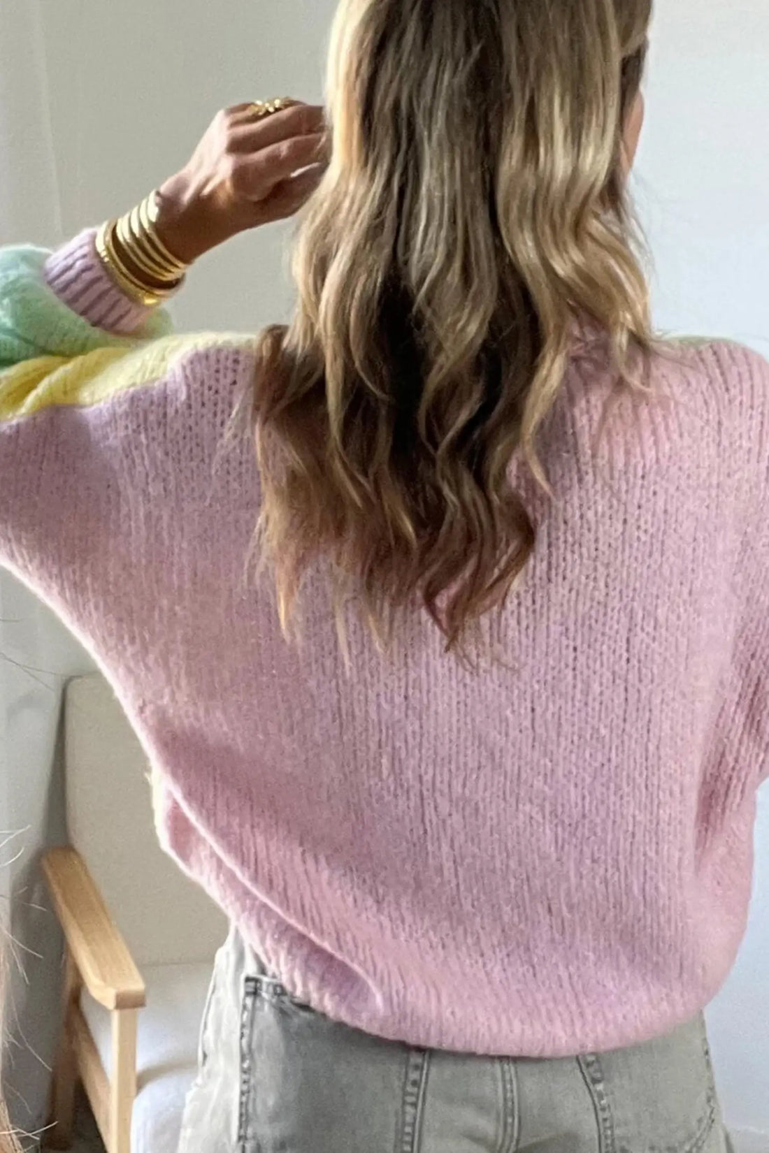 V Neck Drop Shoulder Patchwork Knitwear Cardigan – Yellow