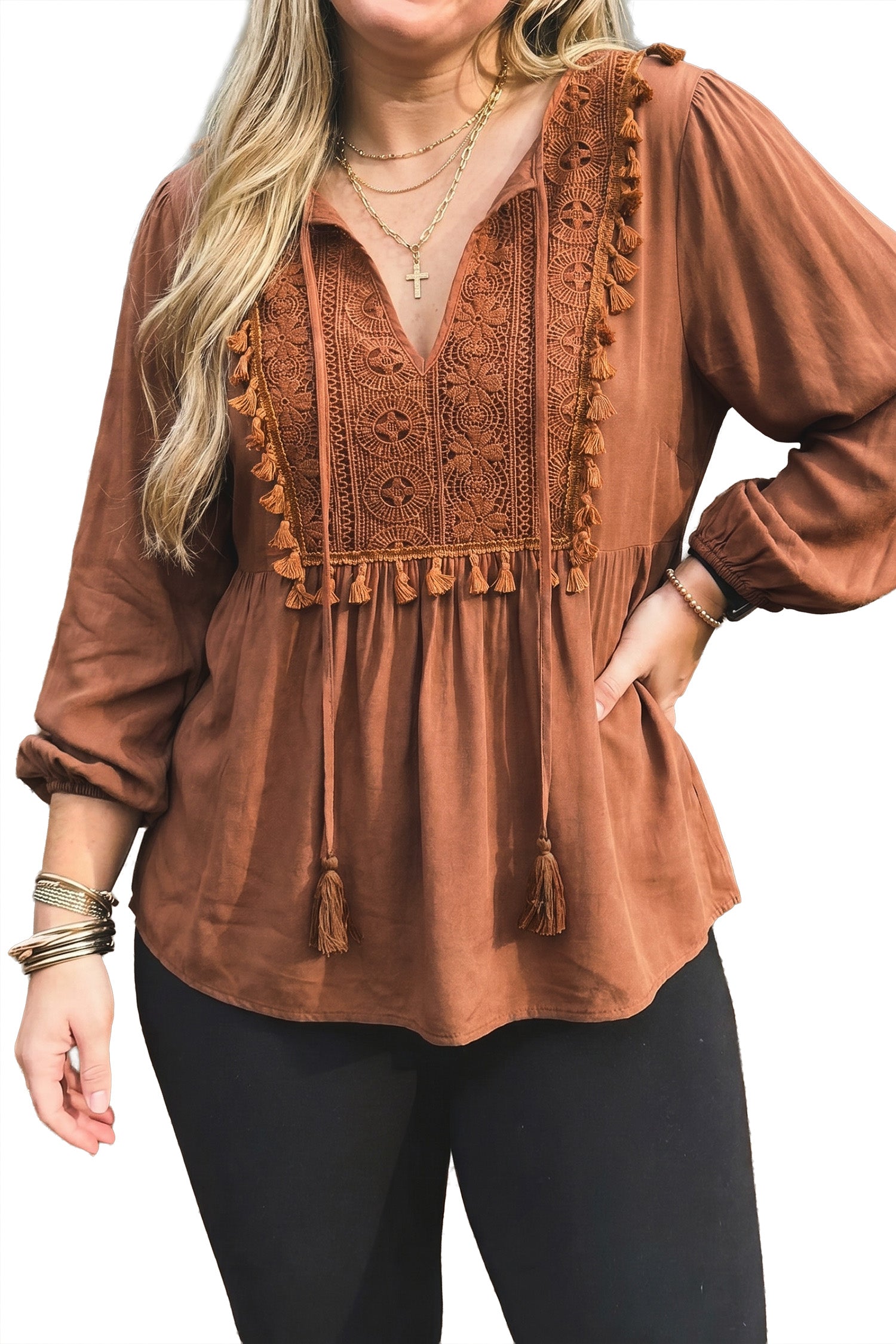 Boho V Neck Embroidered Tassel Long Sleeve Plus Size Blouse – Chestnut
