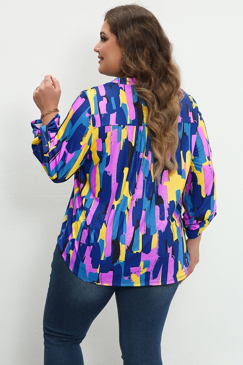 Blue Plus Size Brushstroke Print 3/4 Sleeve Blouse BB Fashion Outlet