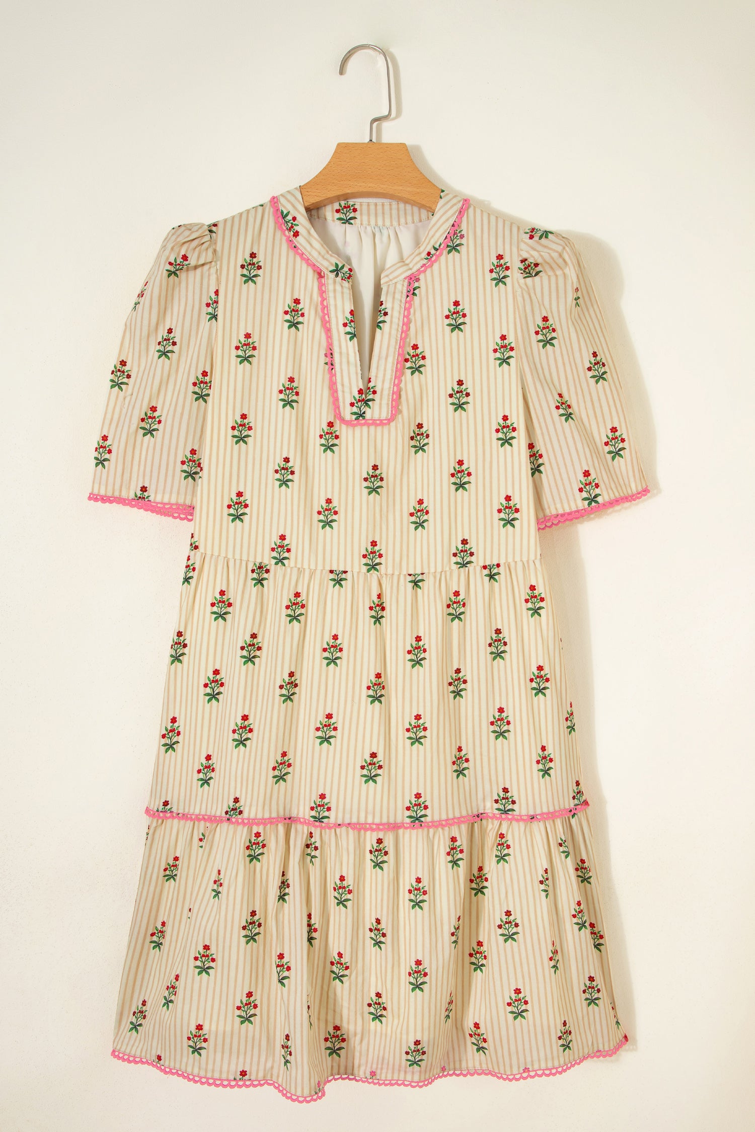 Striped Floral Print Contrast Detail Ruffle Hem Short Dress