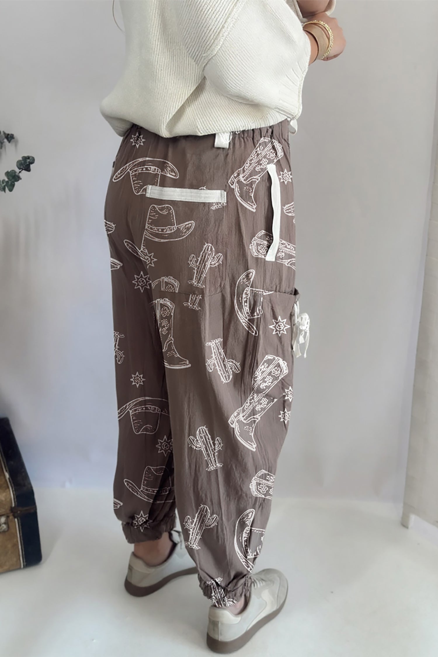 Khaki Western Print Drawstring Jogger Pants
