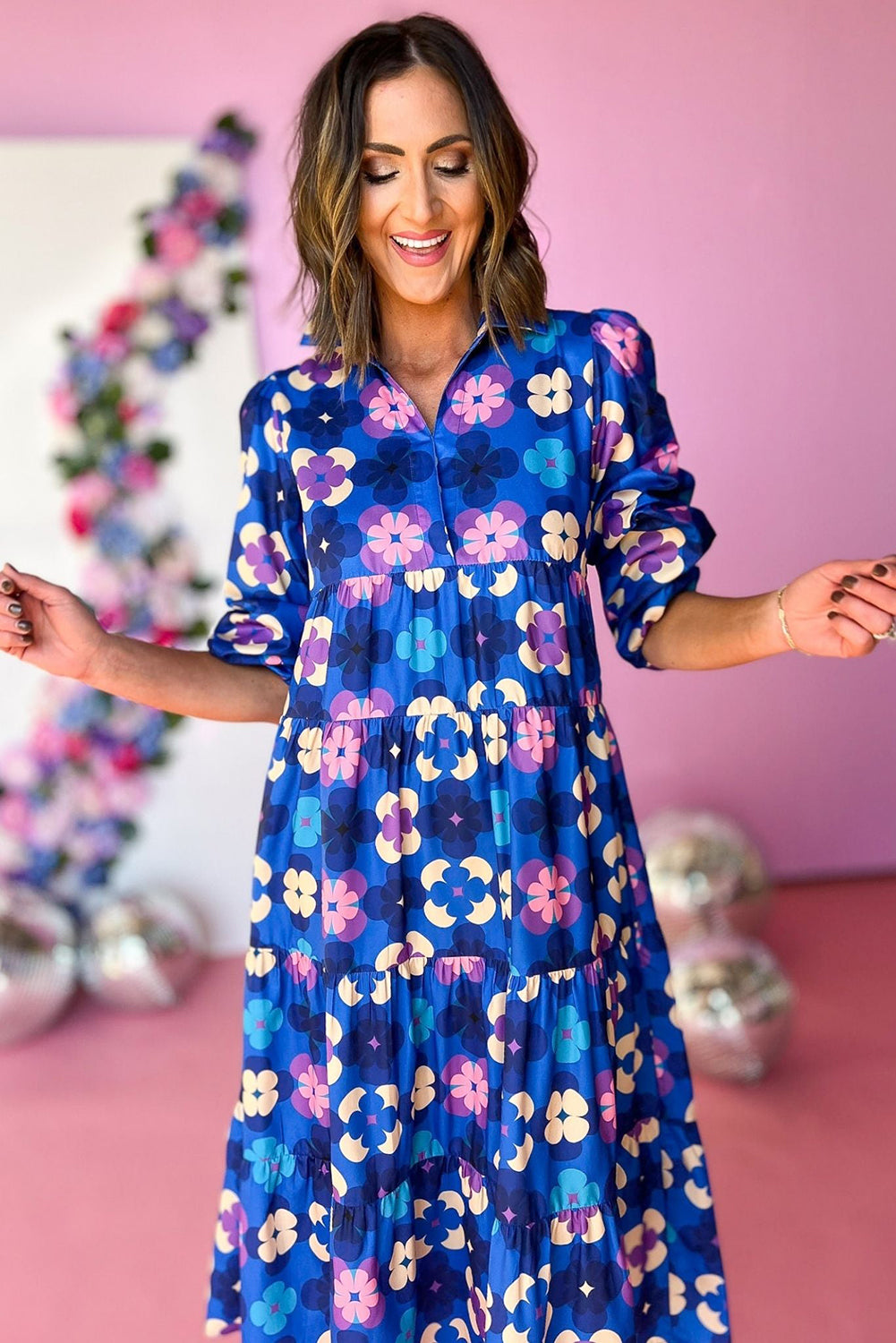 Blue Floral Peasant Sleeve Tiered Ruffle Midi Dress eAura