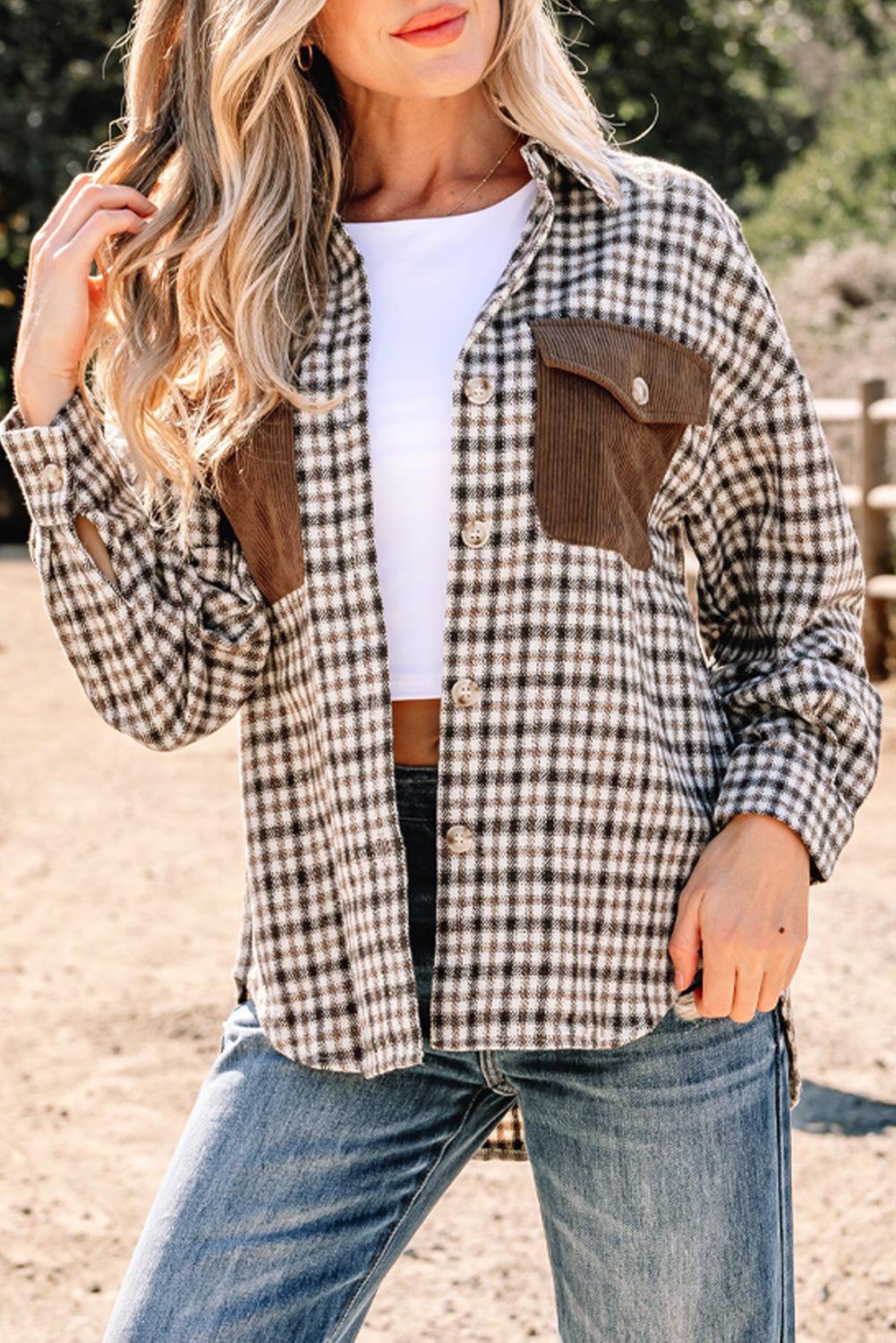 Casual Contrast Soft Corduroy Patchwork Plaid Shacket - eAura