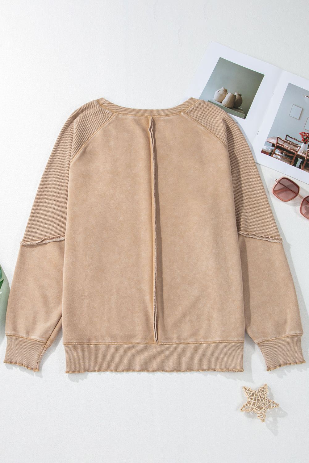 Black Solid Waffle Knit Patchwork Raglan Sleeve Sweatshirt Dear-Lover Dropshipping