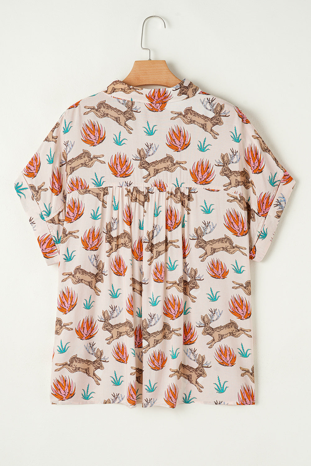 Khaki Plus Size Western Pattern Print Buttoned Short Sleeve Shirt BB Fashion Outlet