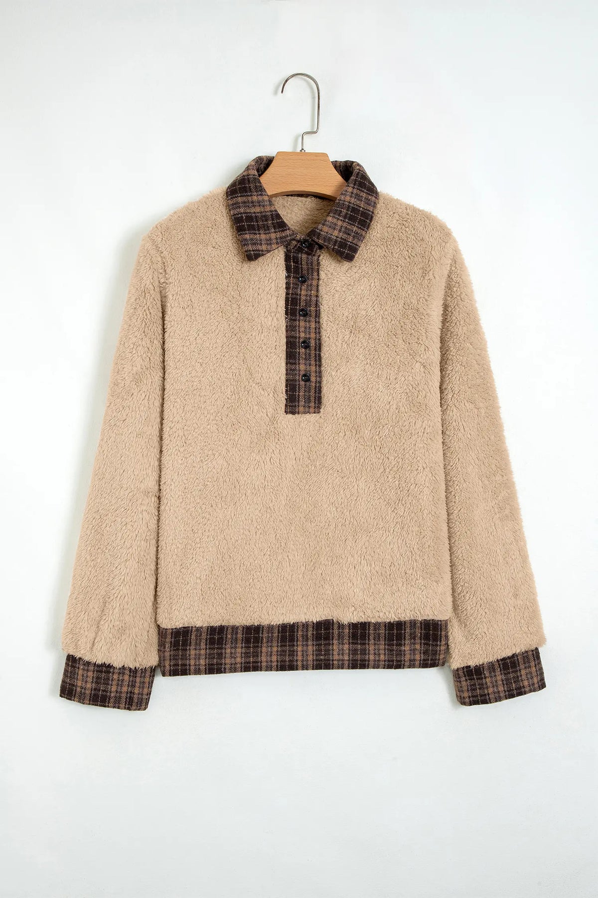 Fleece Pullover Sweatshirt with Plaid Collar & Button Front