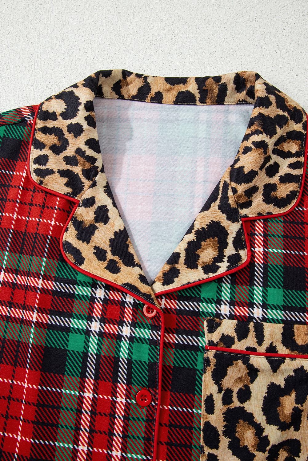 Retro Plaid Leopard Print Patchwork Long Sleeve Shorts Pajama Set - eAura