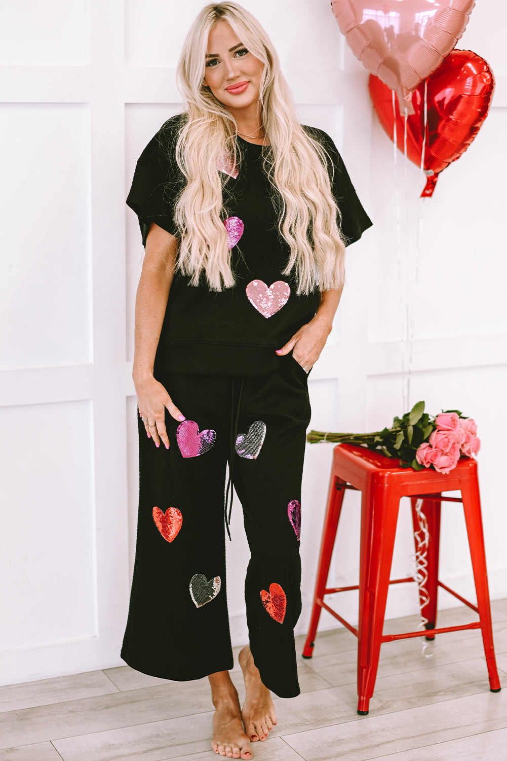 Black Sequin Heart Popping Graphic Textured 2pcs Outfit eAura