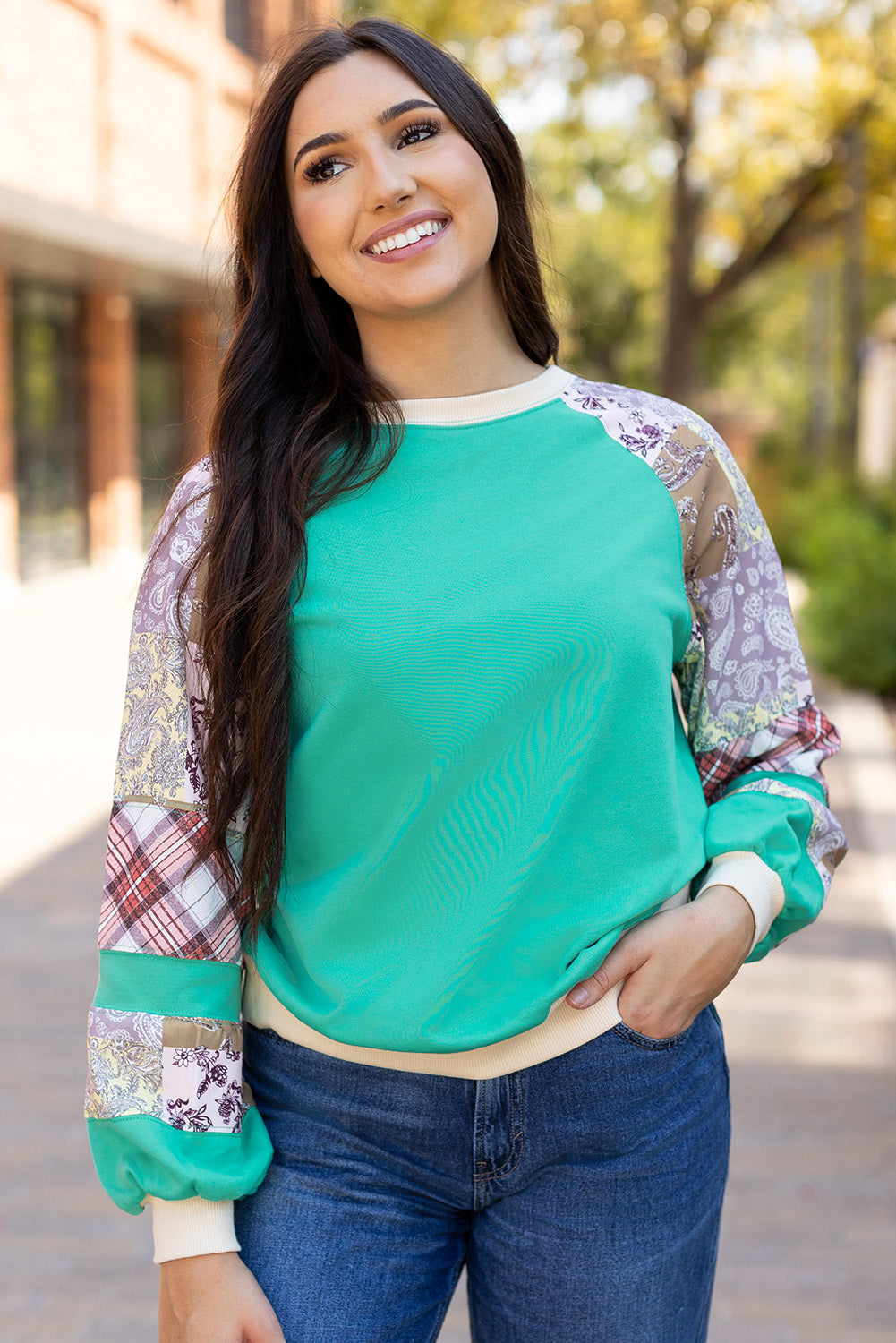 Aruba Blue Plaid Vintage Paisley Patchwork Long Sleeve Raglan Top Beagle Boutique Fashion Outlet