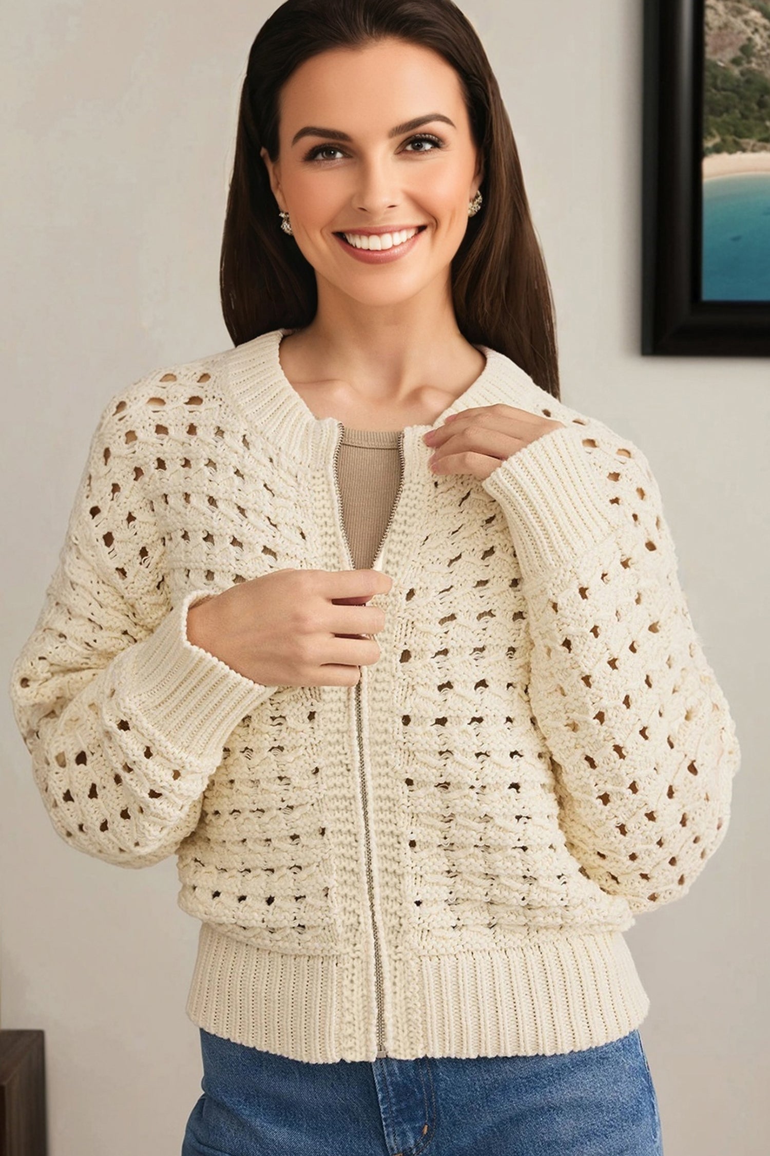 Beige Hollowed Knit Zip-Up Drop Shoulder Cardigan - eAura