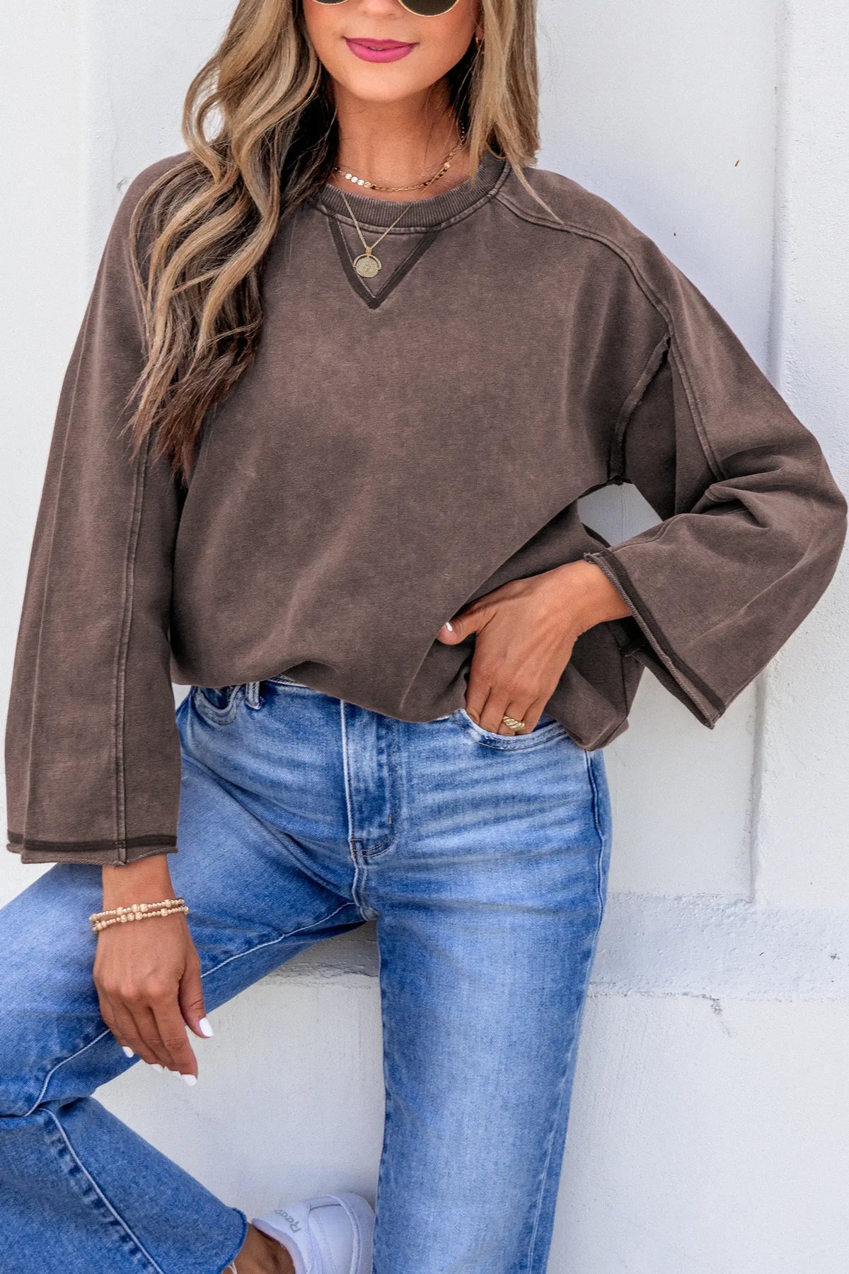 3/4 Sleeve Mineral Wash Loose Cotton Top – Dark Brown