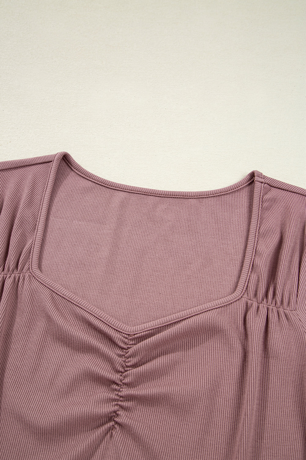 Gathered Bust Square Neck Ribbed Fit Long Sleeve Top - eAura