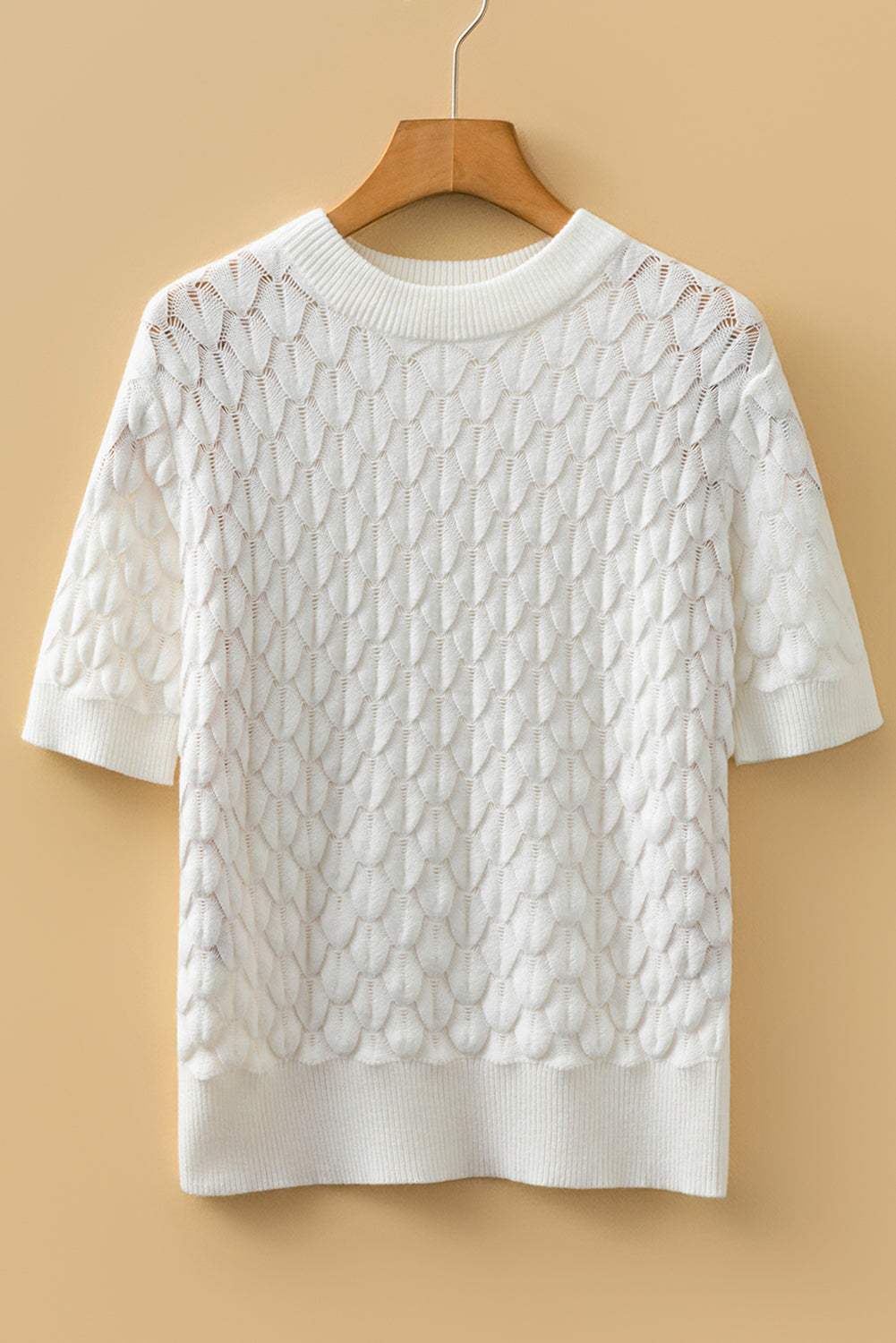Fish Scale Textured Knit Ribbed High Neck Short Sleeve Sweater - eAura