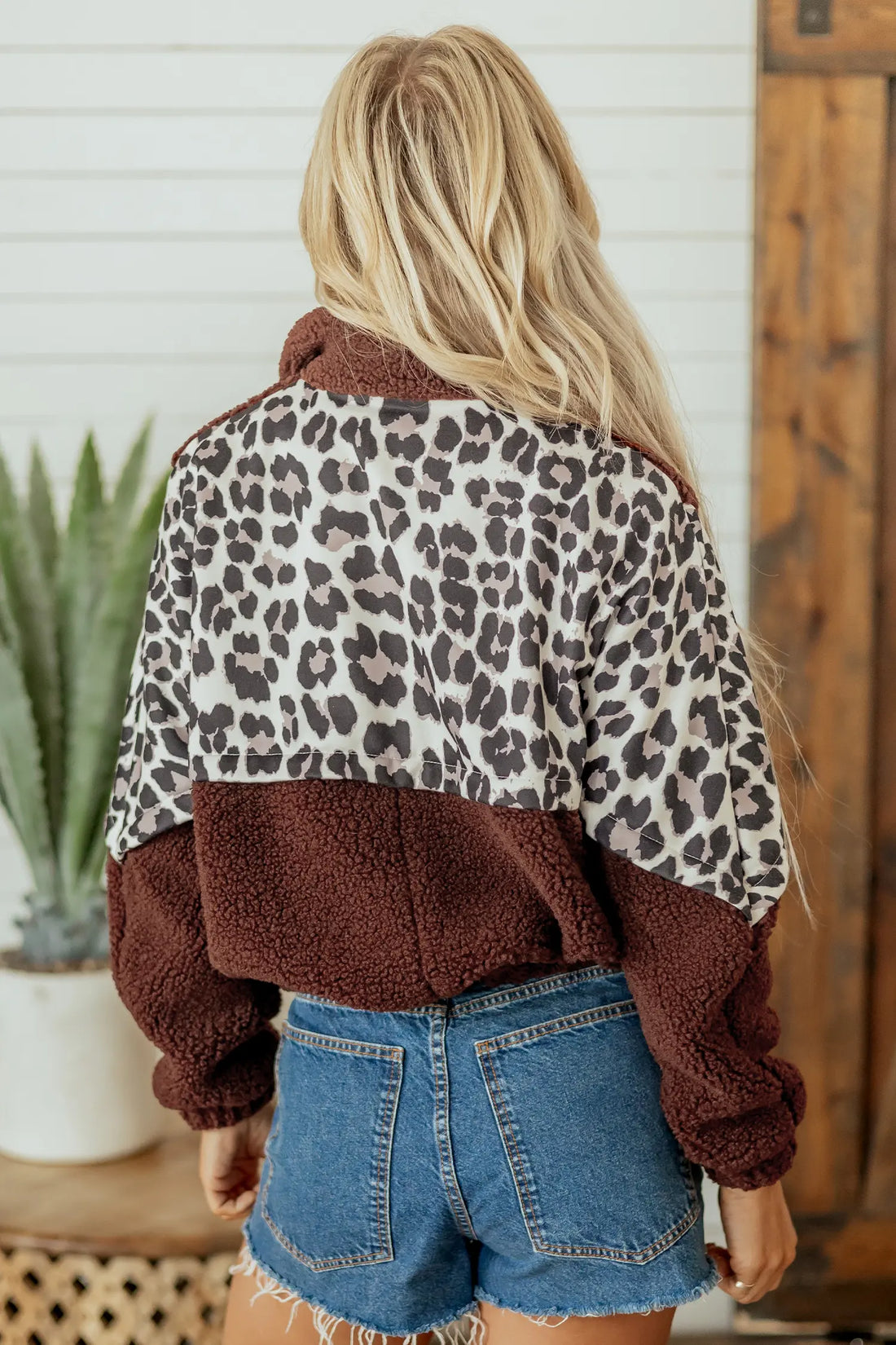 Leopard Patchwork Fleece Western Style Zip-up Collar Jacket