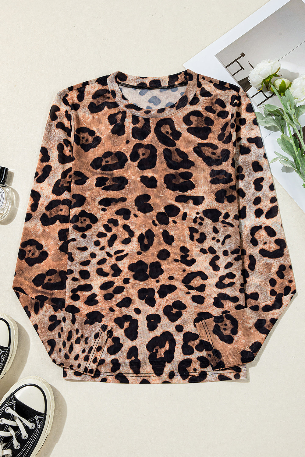 Brown Leopard Round Neck Long Sleeve Slim Top eAura