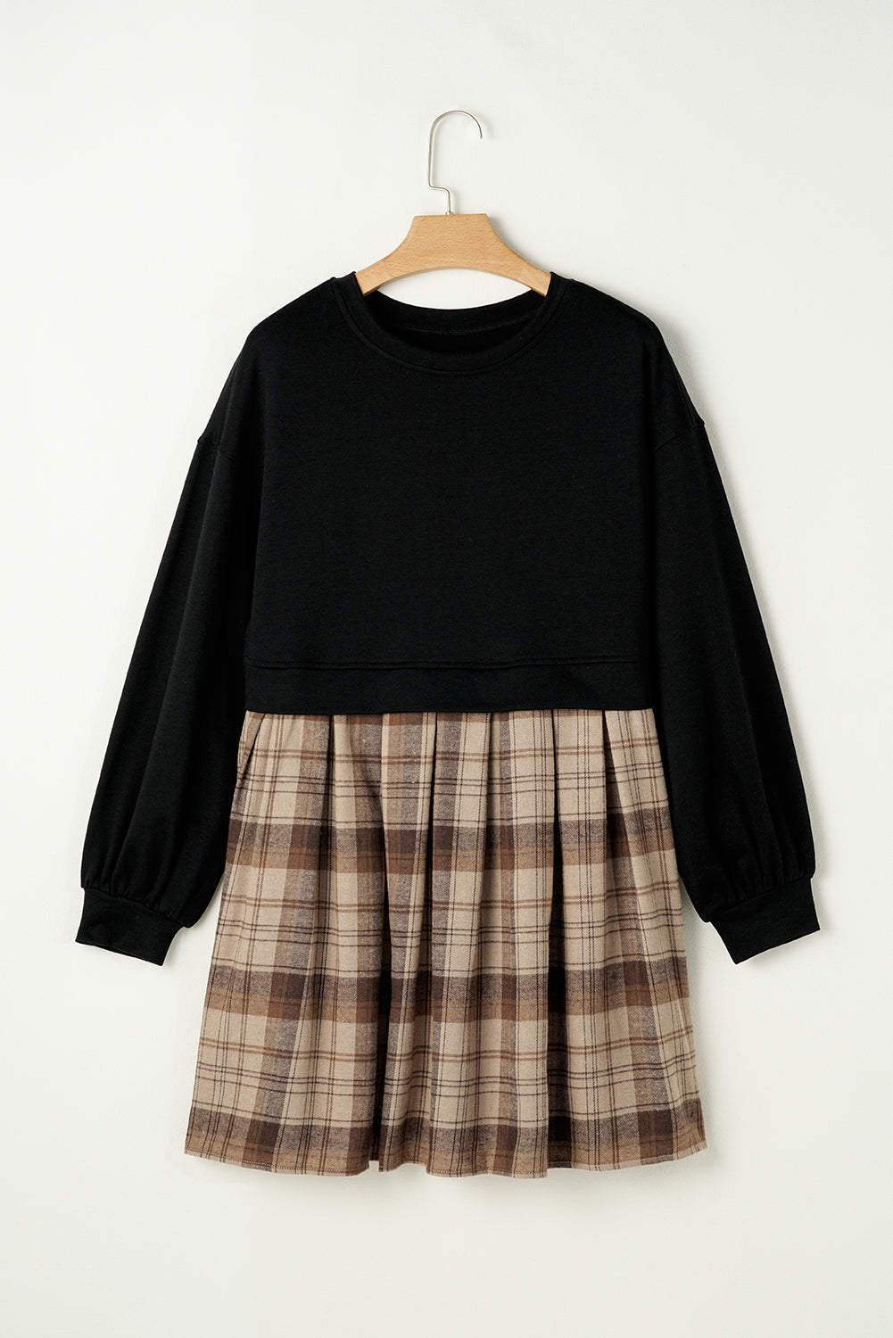 Black Plaid Patchwork High Waist Sweatshirt Mini Dress eAura