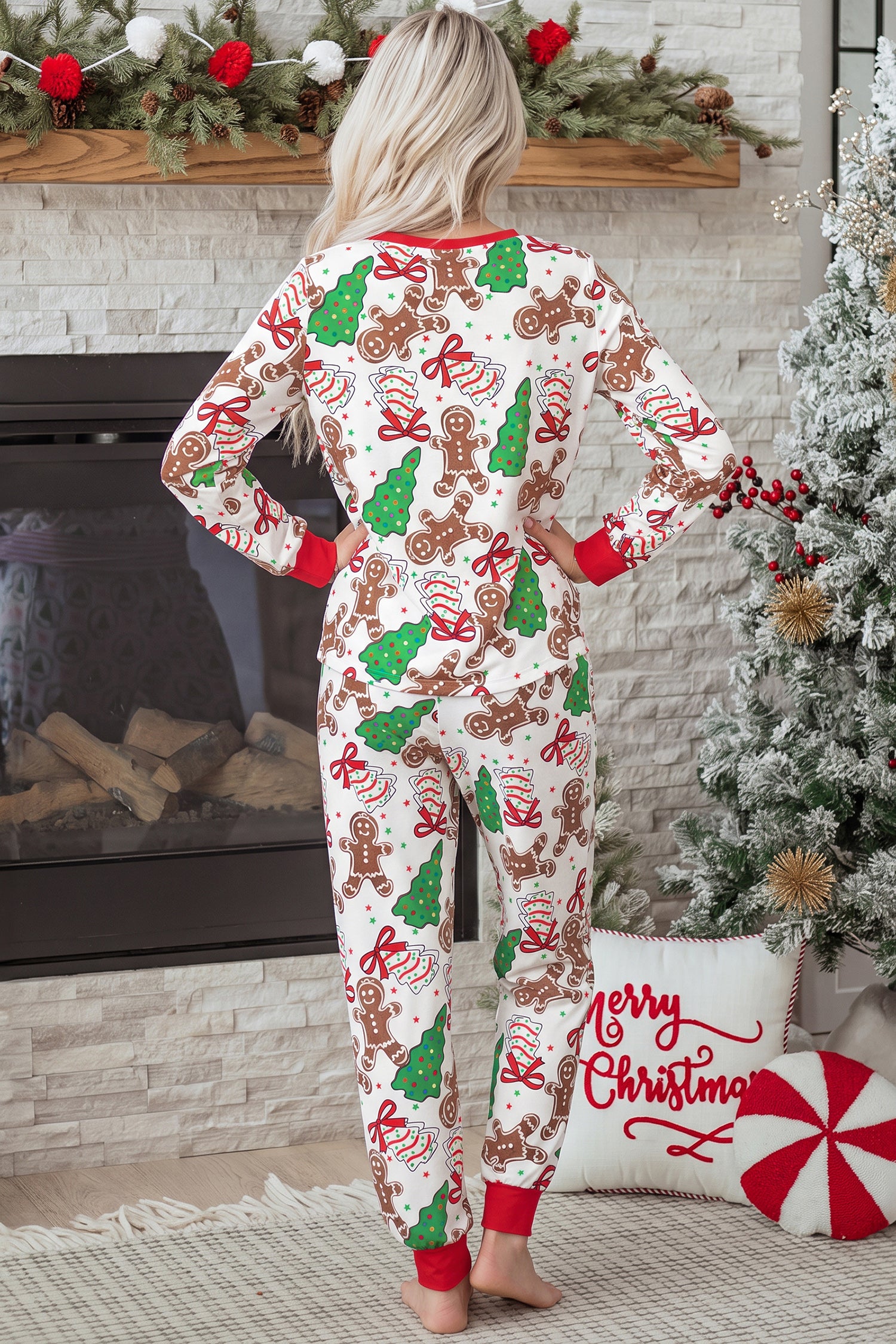 White Christmas Pattern Button V-Neck Pyjamas