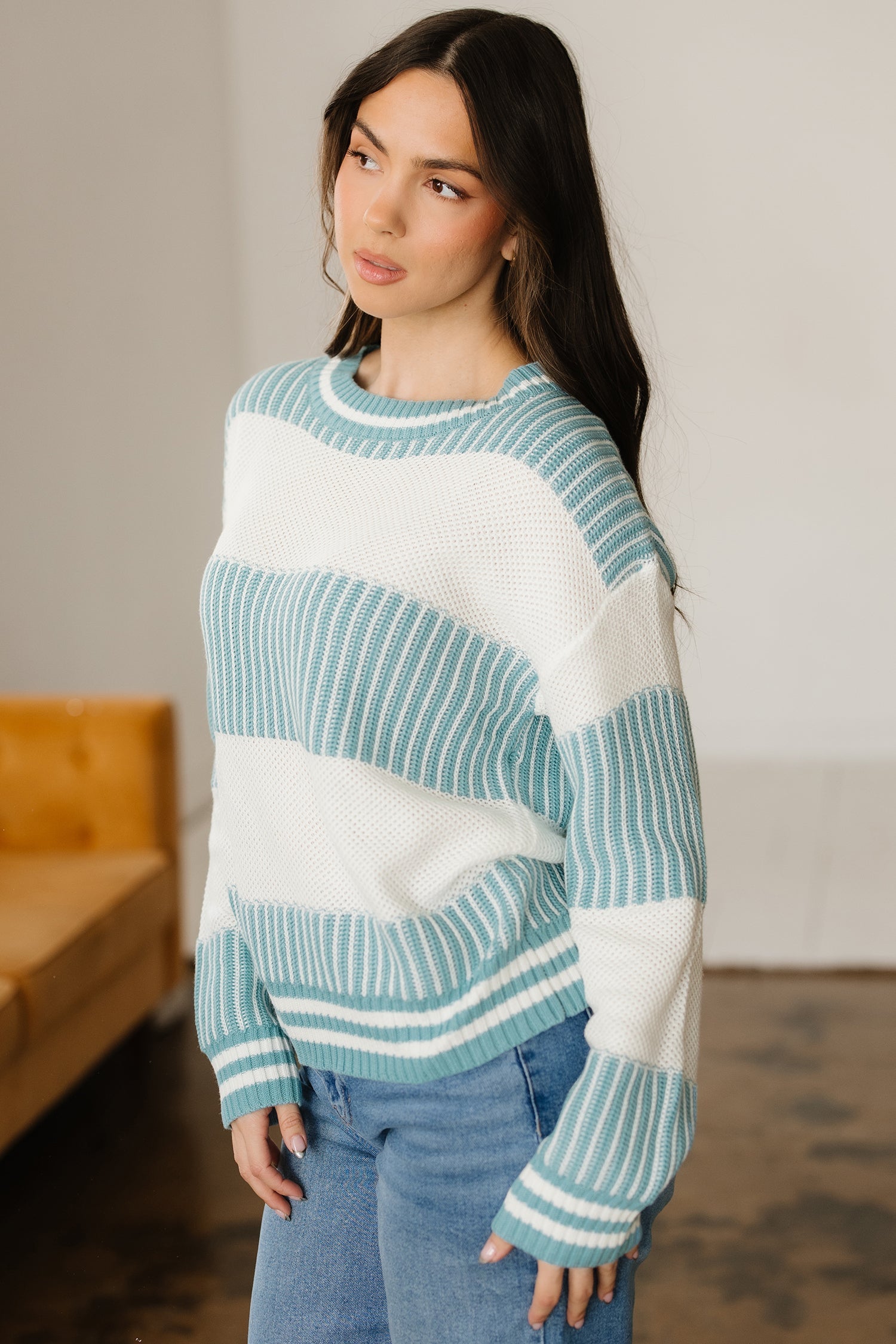 Two Tone Striped Patchwork Drop Shoulder Oversized Sweater - Sweaters & Cardigans/Sweaters