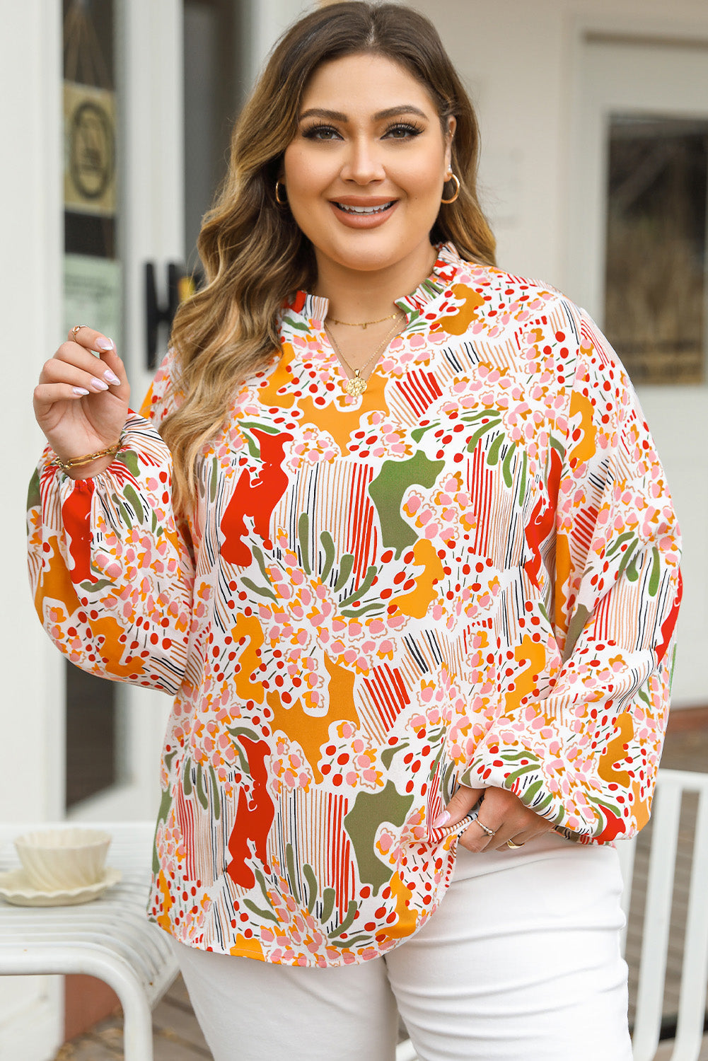 Orange Printed Floral Abstract Print Frilled V Neck Plus Size Blouse BB Fashion Outlet