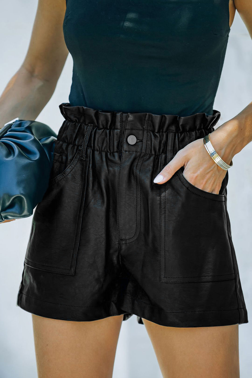 Black Faux Leather Paper Bag Waist High Rise Shorts eAura