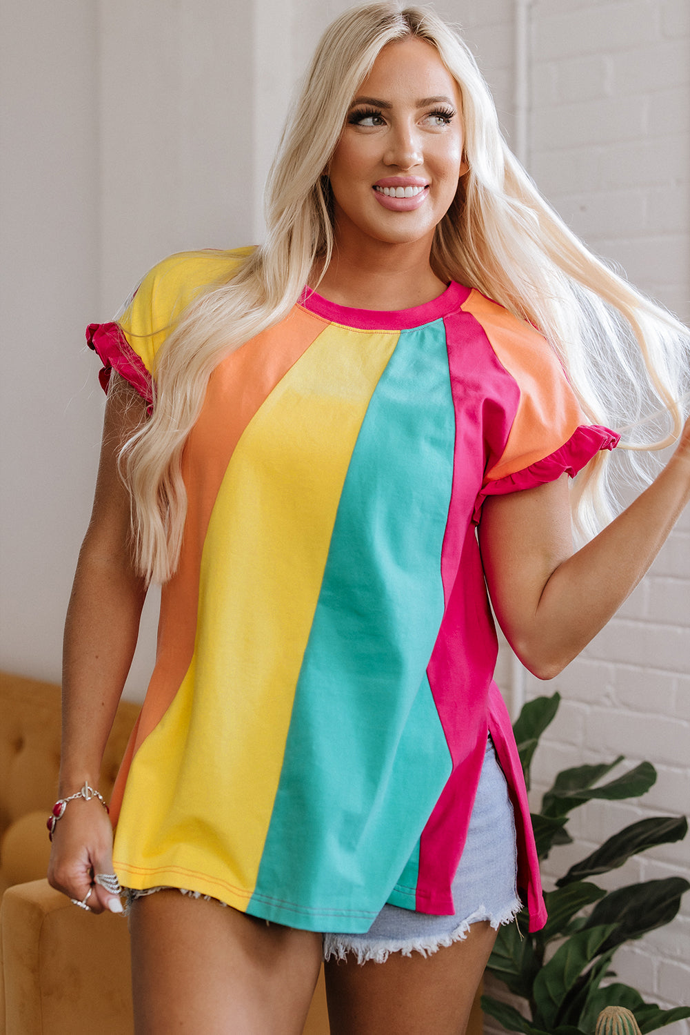 Rose Red Colour Block Ruffled Crew Neck Loose Fit T Shirt eAura