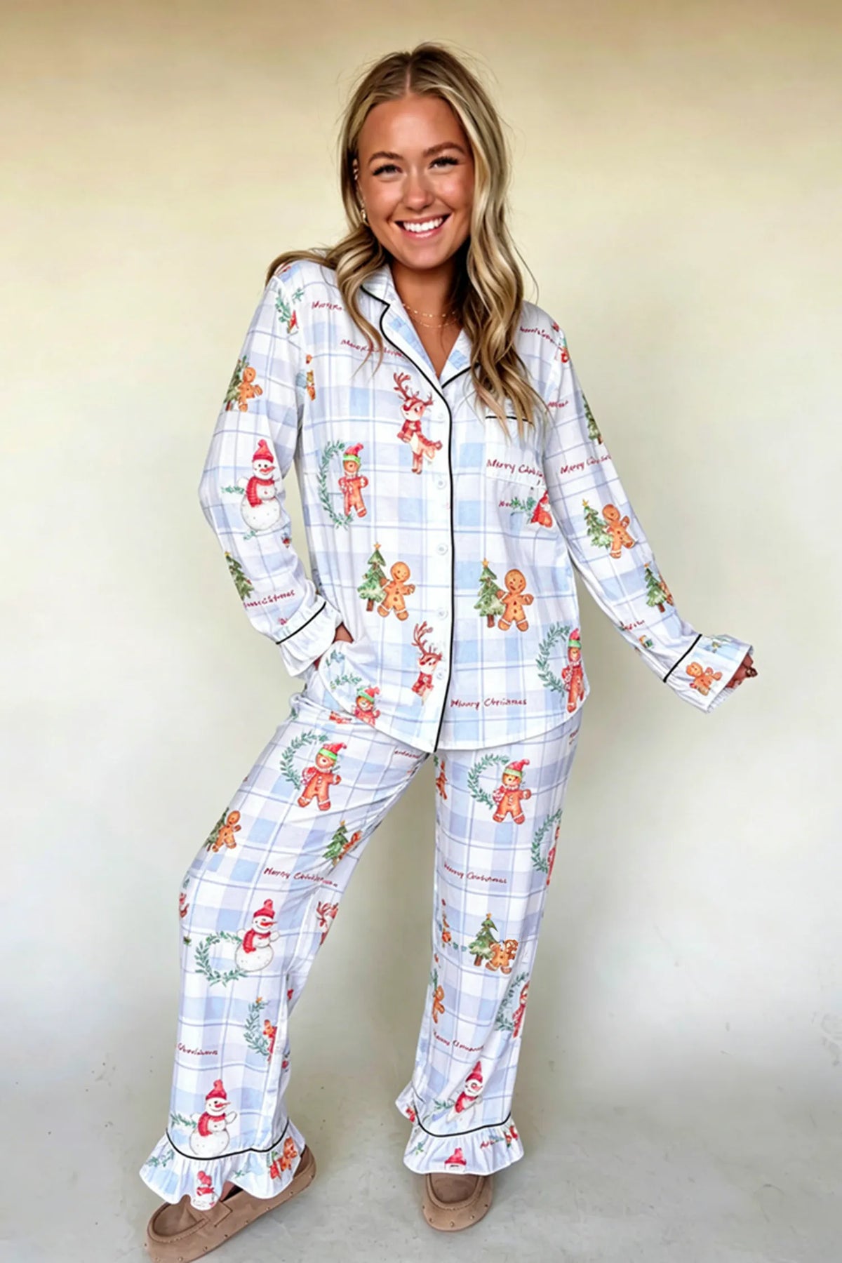 2pc Pajama Set Shirt Top & Straight-Leg Pants — Plaid Cartoon Christmas Print