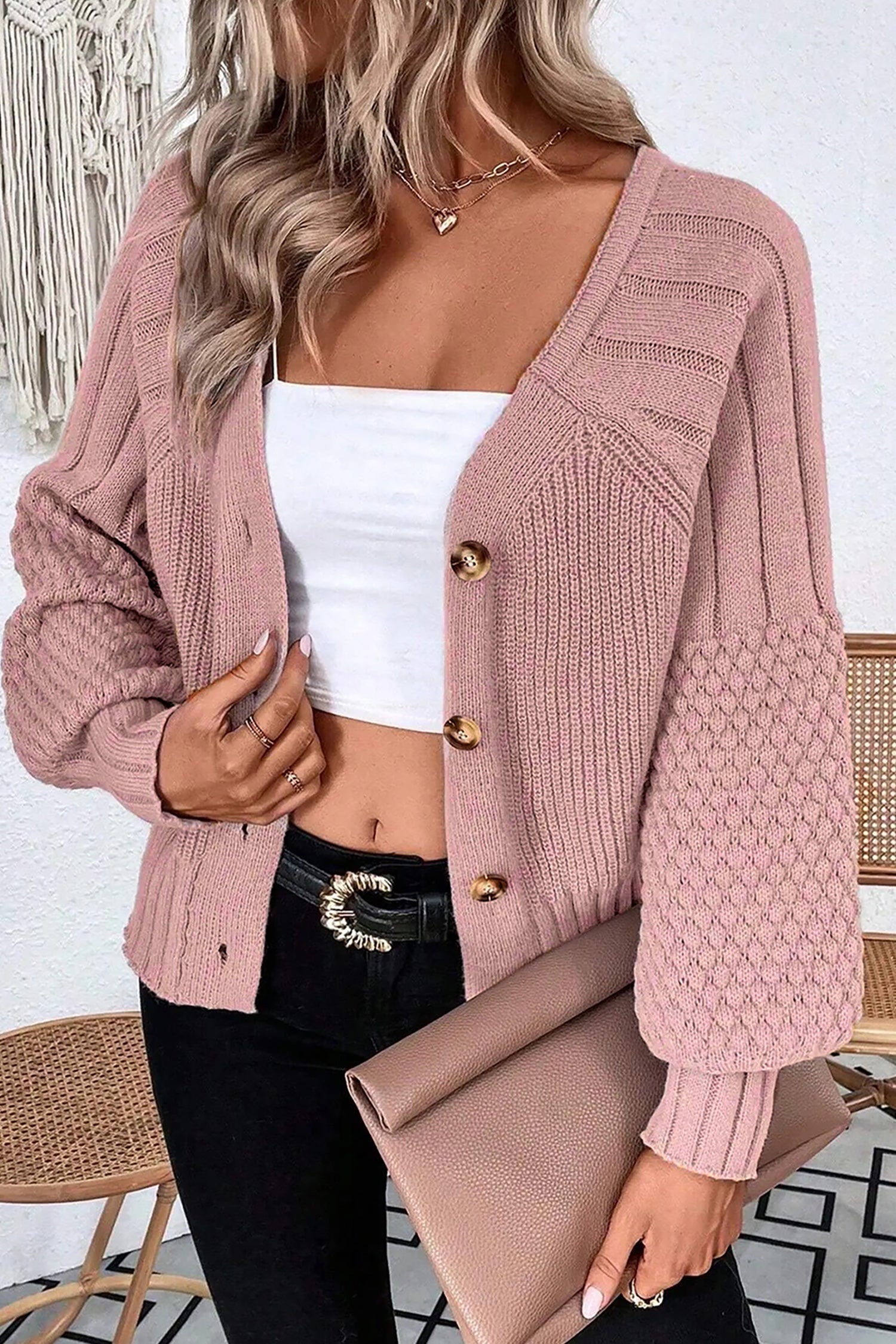 Mixed Texture Cardigan With Buttons - V-Neck - Sweaters & Cardigans/Cardigans