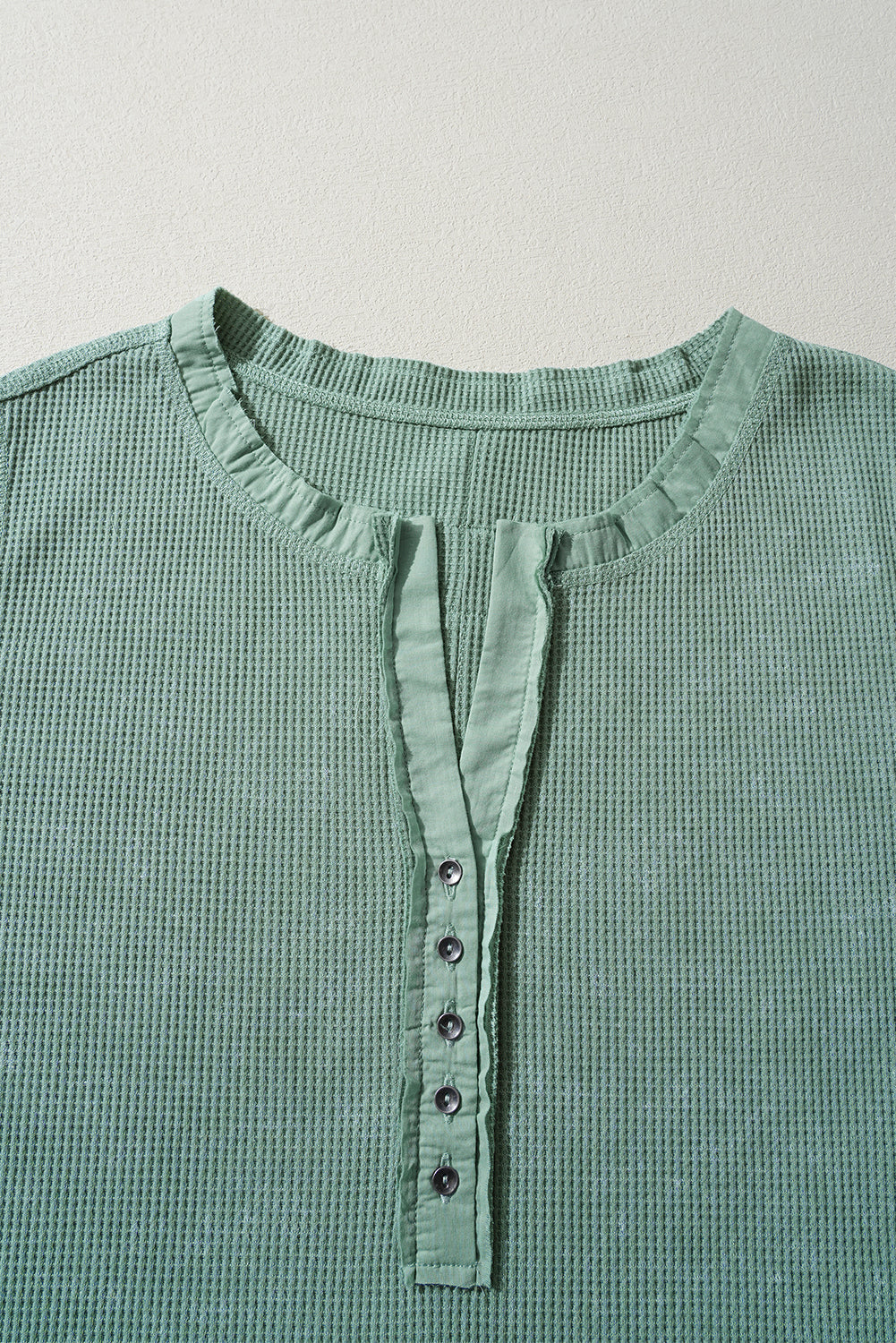 Smoke Green Acid Wash Waffle Knit Buttoned Neckline Long Sleeve Top Beagle Boutique Fashion Outlet