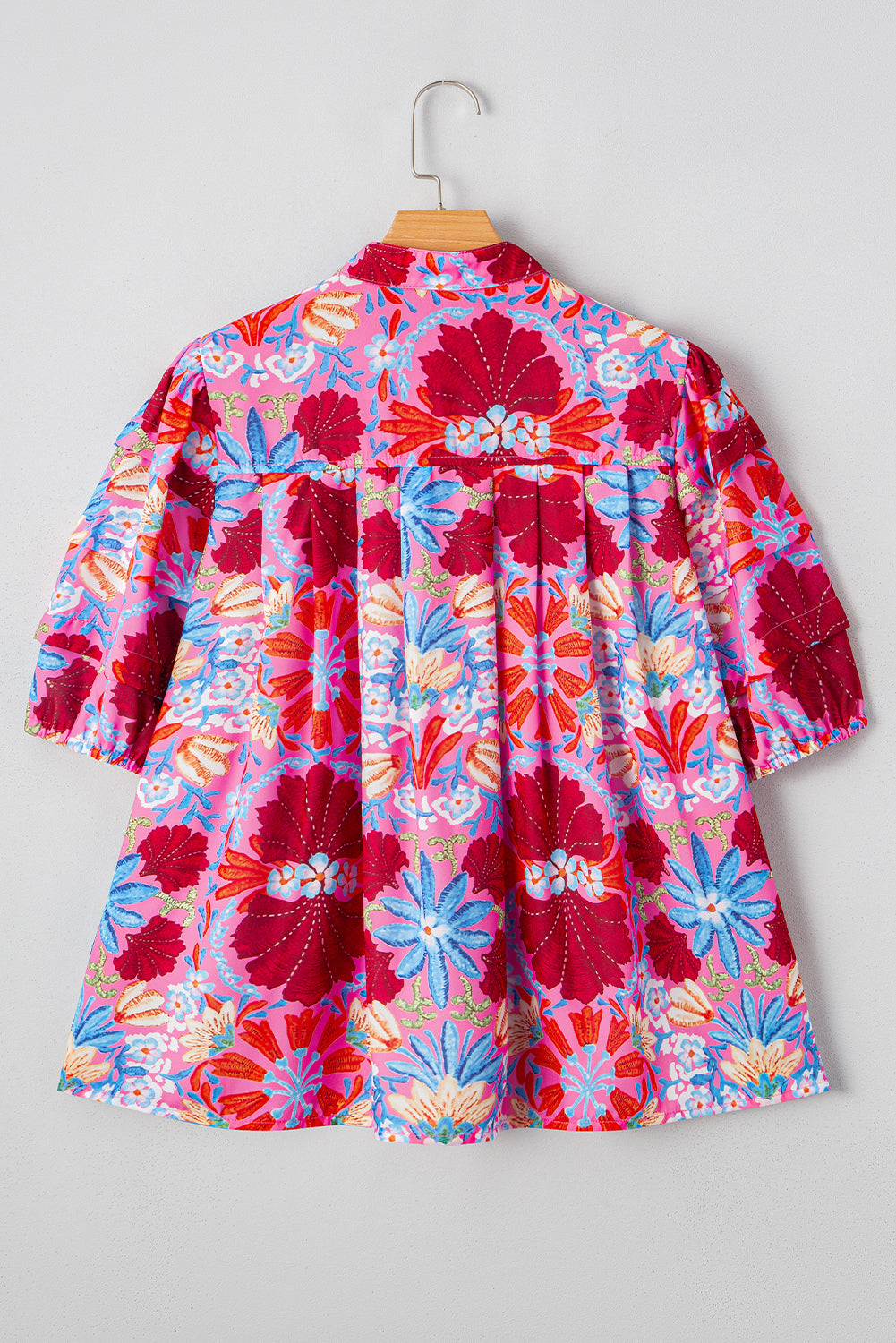 Floral Print Bubble Sleeve Button-Up Pleated Shirt – Pink