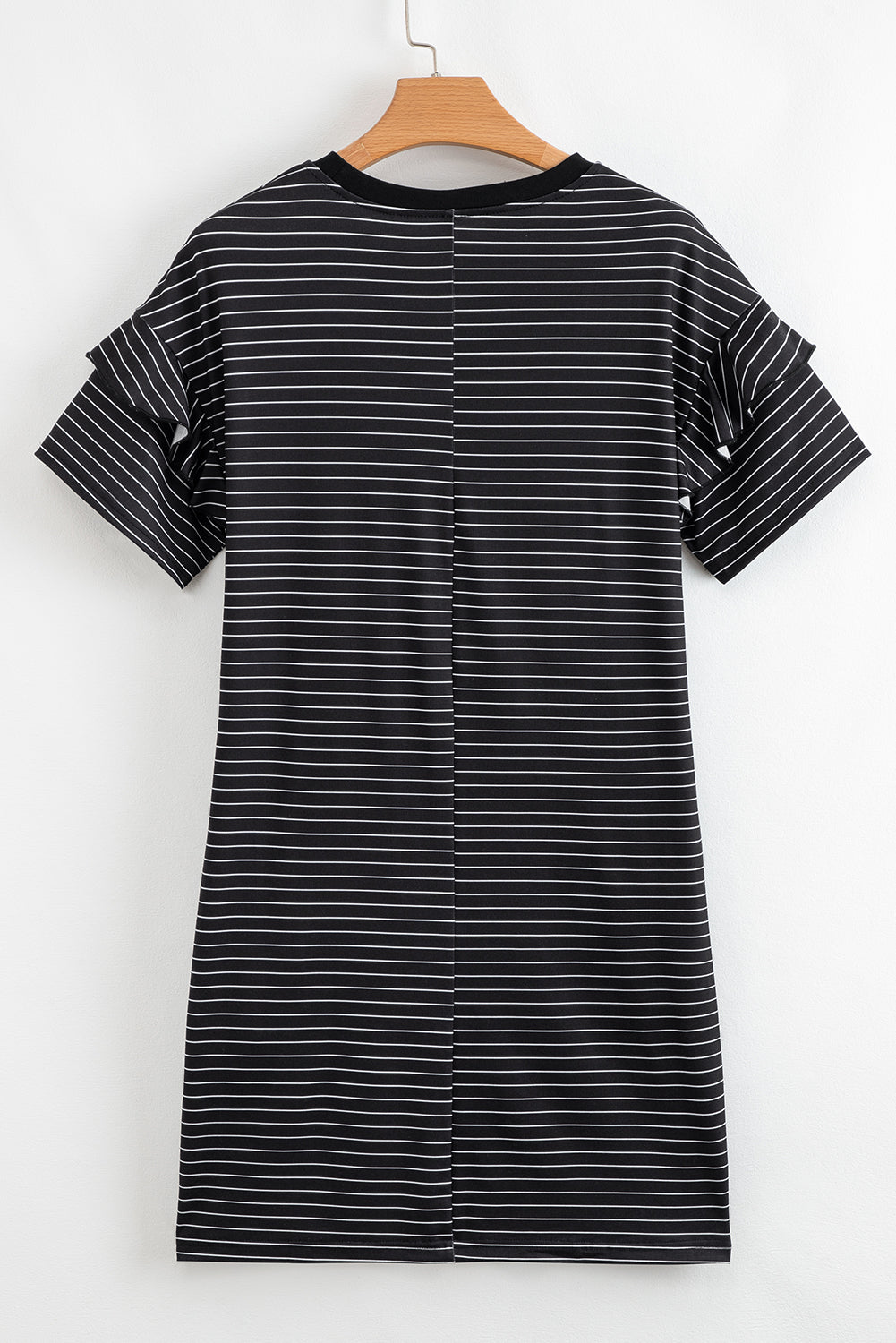 Black Stripe Ruffled Short Sleeve Crew Neck T Shirt Shift Mini Dress eAura