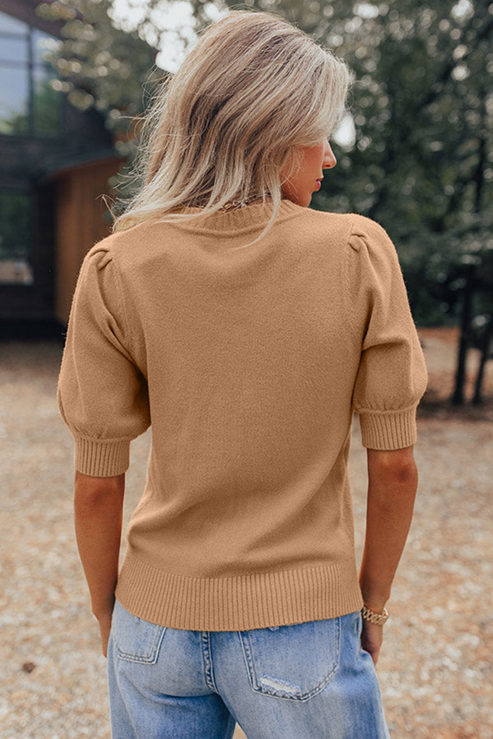 Knit Short Puff Sleeve Sweater - Sweaters & Cardigans/Short