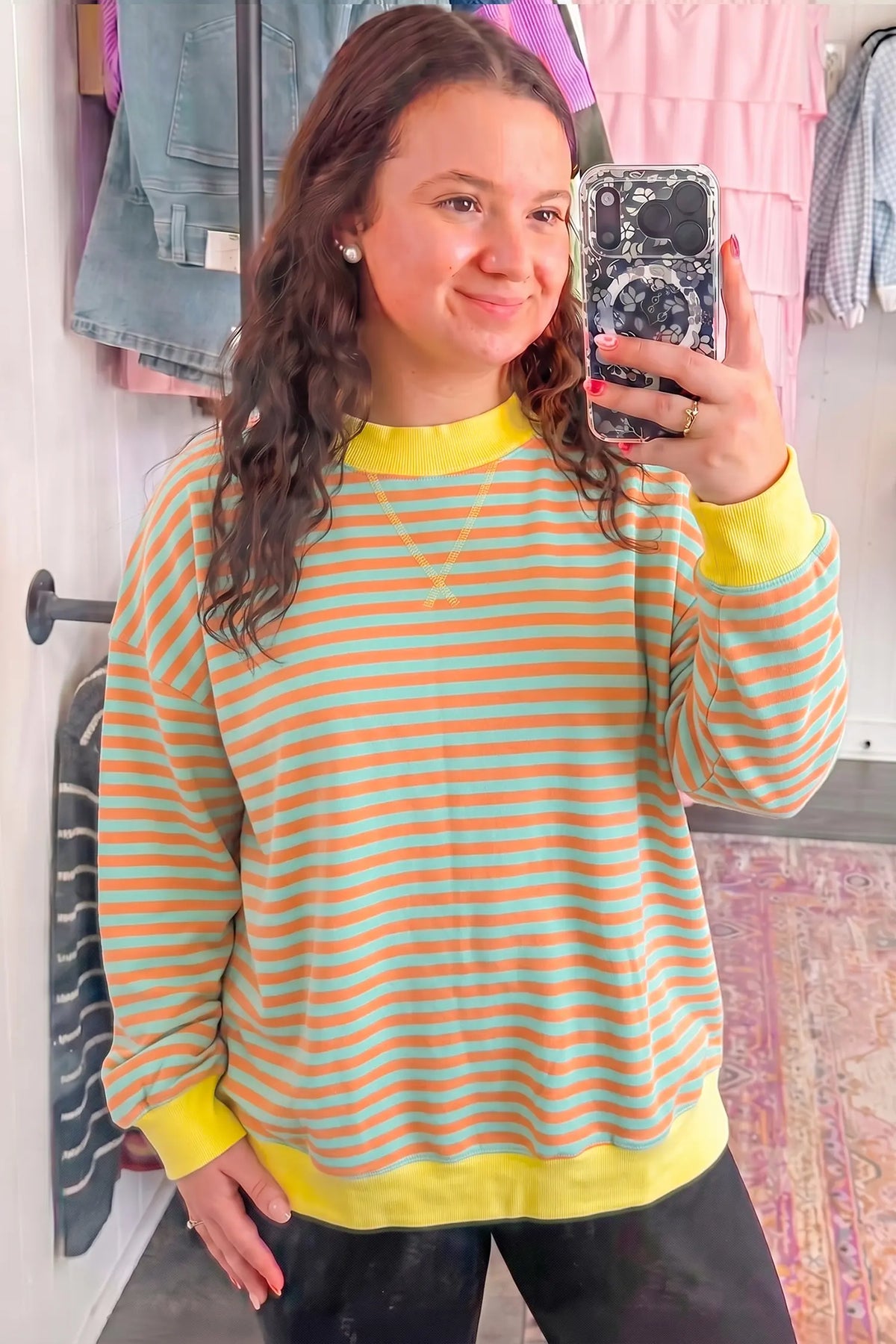 High Neck Striped Colourblock Tunic Plus Size Sweatshirt – Orange Stripe