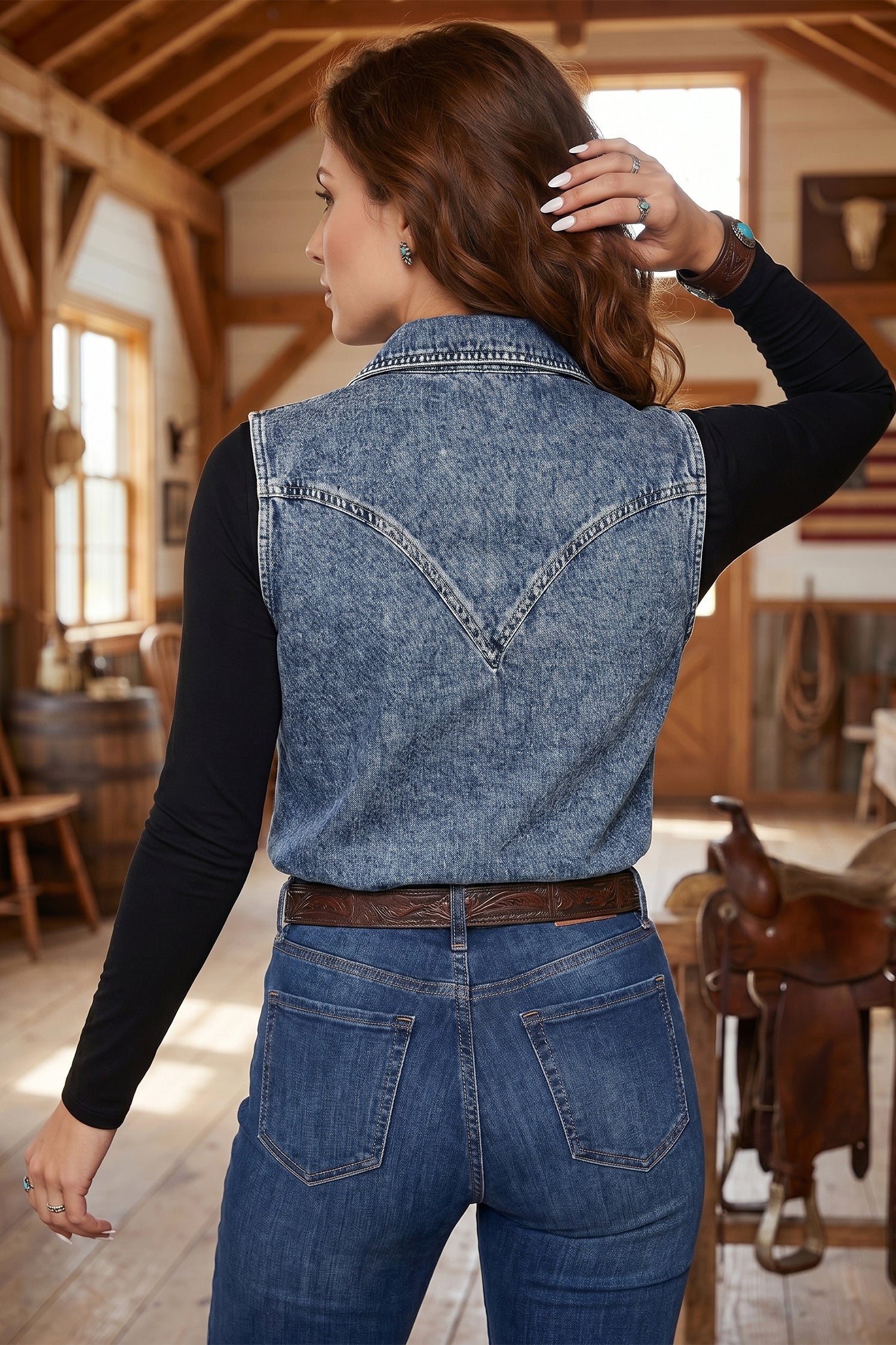 Ashleigh Blue Solid Denim Button Front Pocket Sleeveless Cowboy Vest – Dark Blue