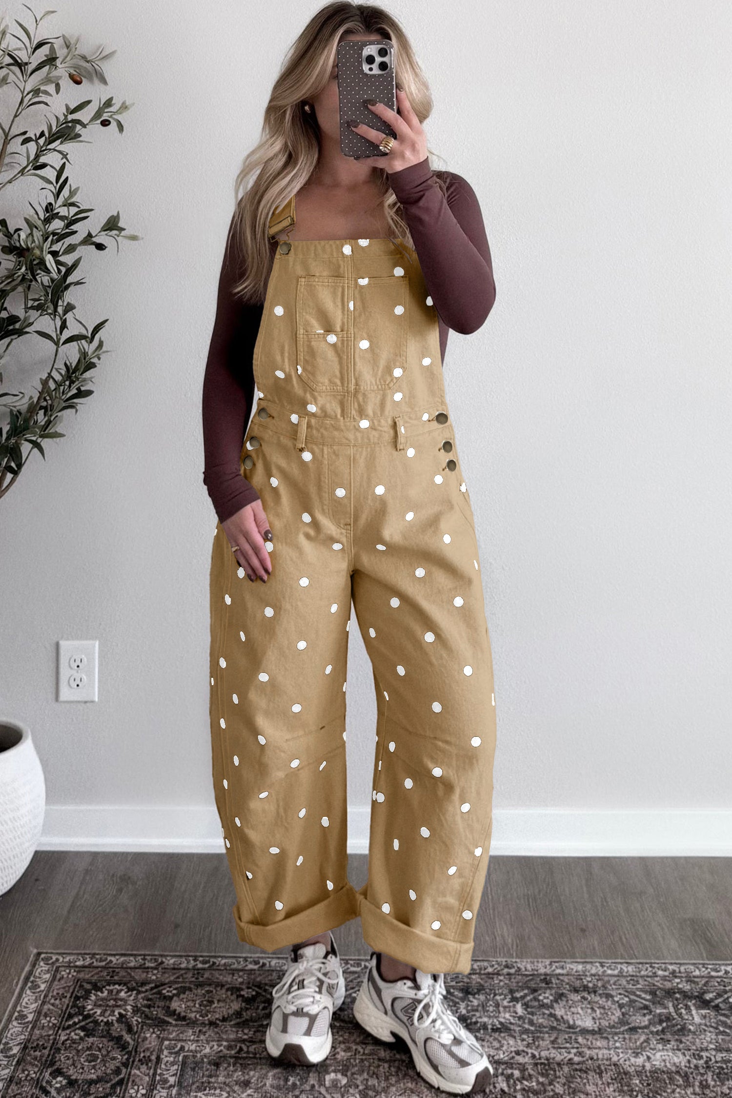 Polka Dot Print Bib Pocket Denim Barrel Overalls