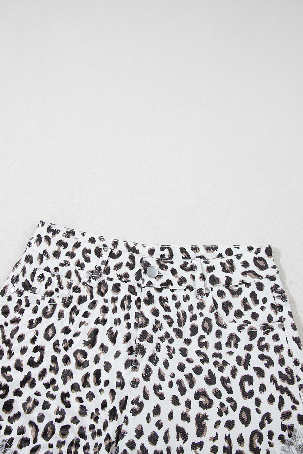 White Leopard Frayed Hem Denim Shorts eAura
