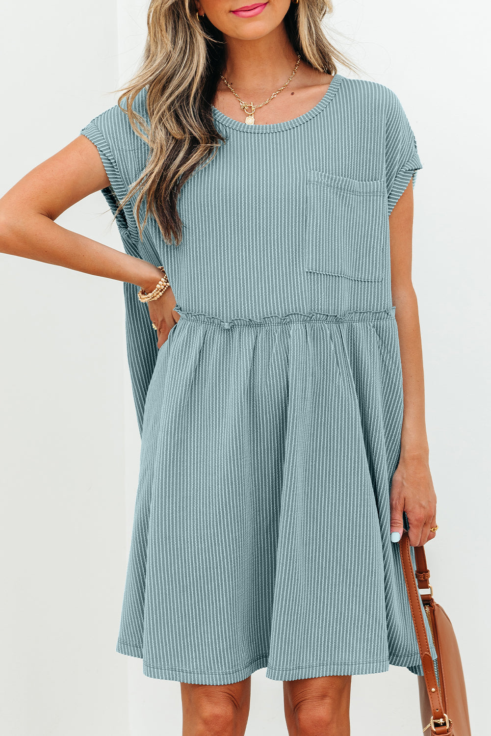 Canton Ribbed Knit Textured Patched Pocket Frilled Swing Mini Dress with Pockets eAura