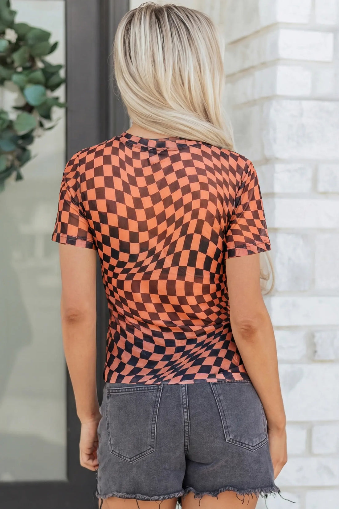 Checkered Print Crew Neck Mesh T-Shirt – Orange, Khaki, Black & Purple
