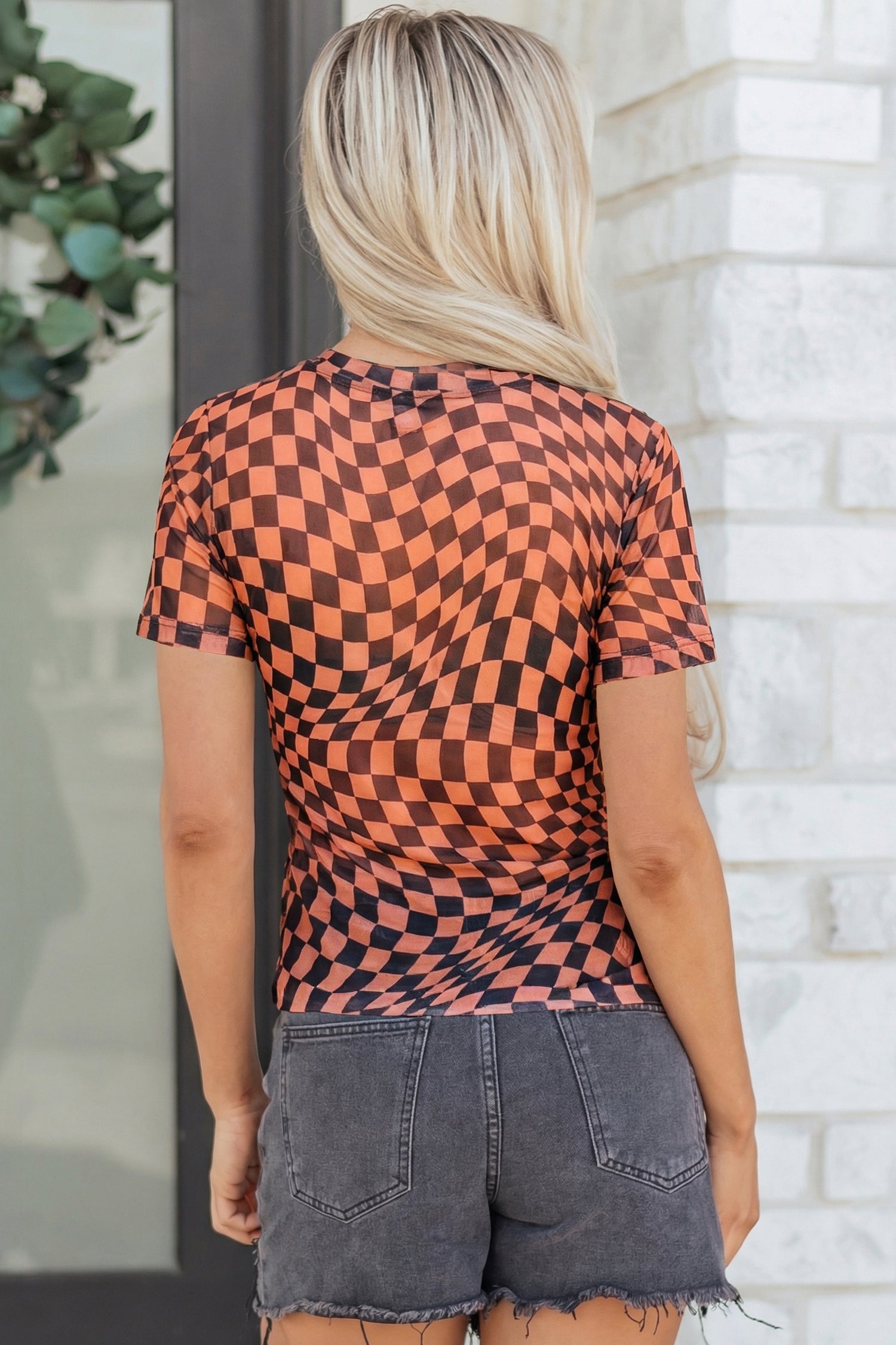 Checkered Print Crew Neck Mesh T-Shirt – Orange, Khaki, Black & Purple