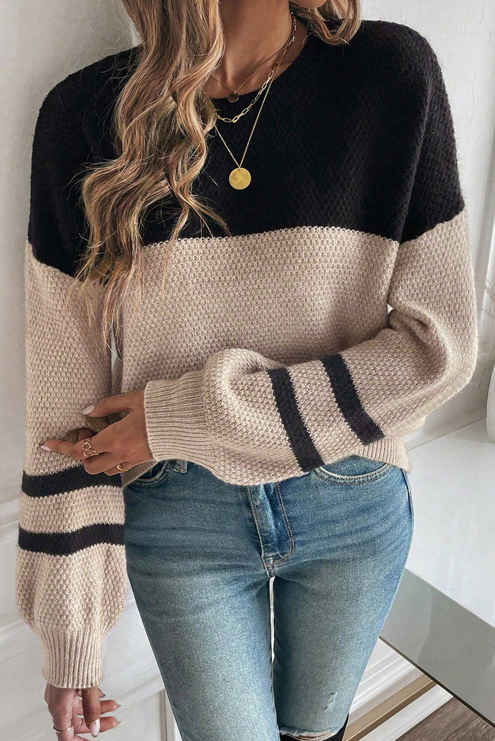 Colour Block Knit Striped Sleeve Detail Casual Sweater eAura