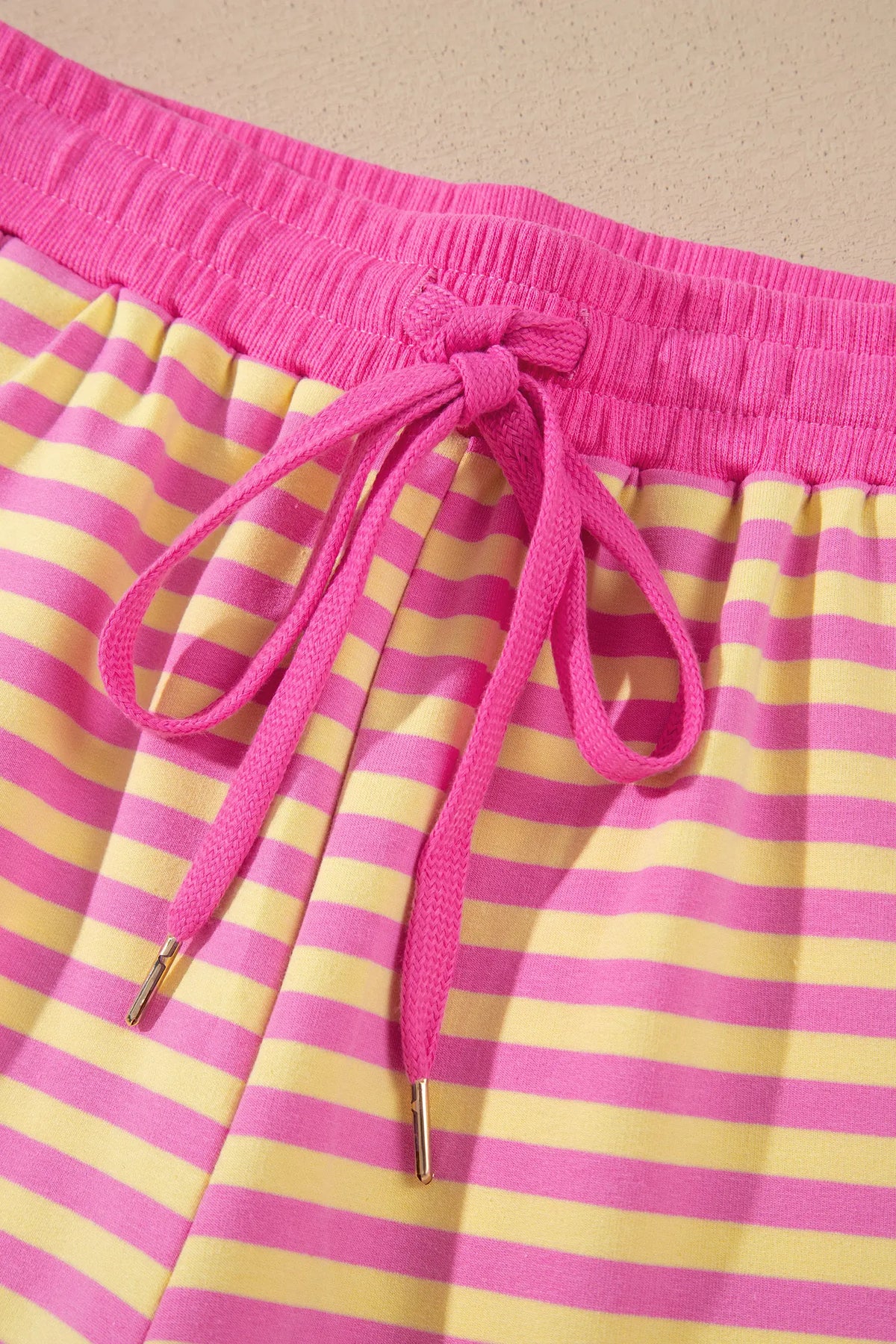 Striped Long Sleeve Zip-Up Hoodie Drawstring Elastic Waist 2pcs Short Set – Rose Red