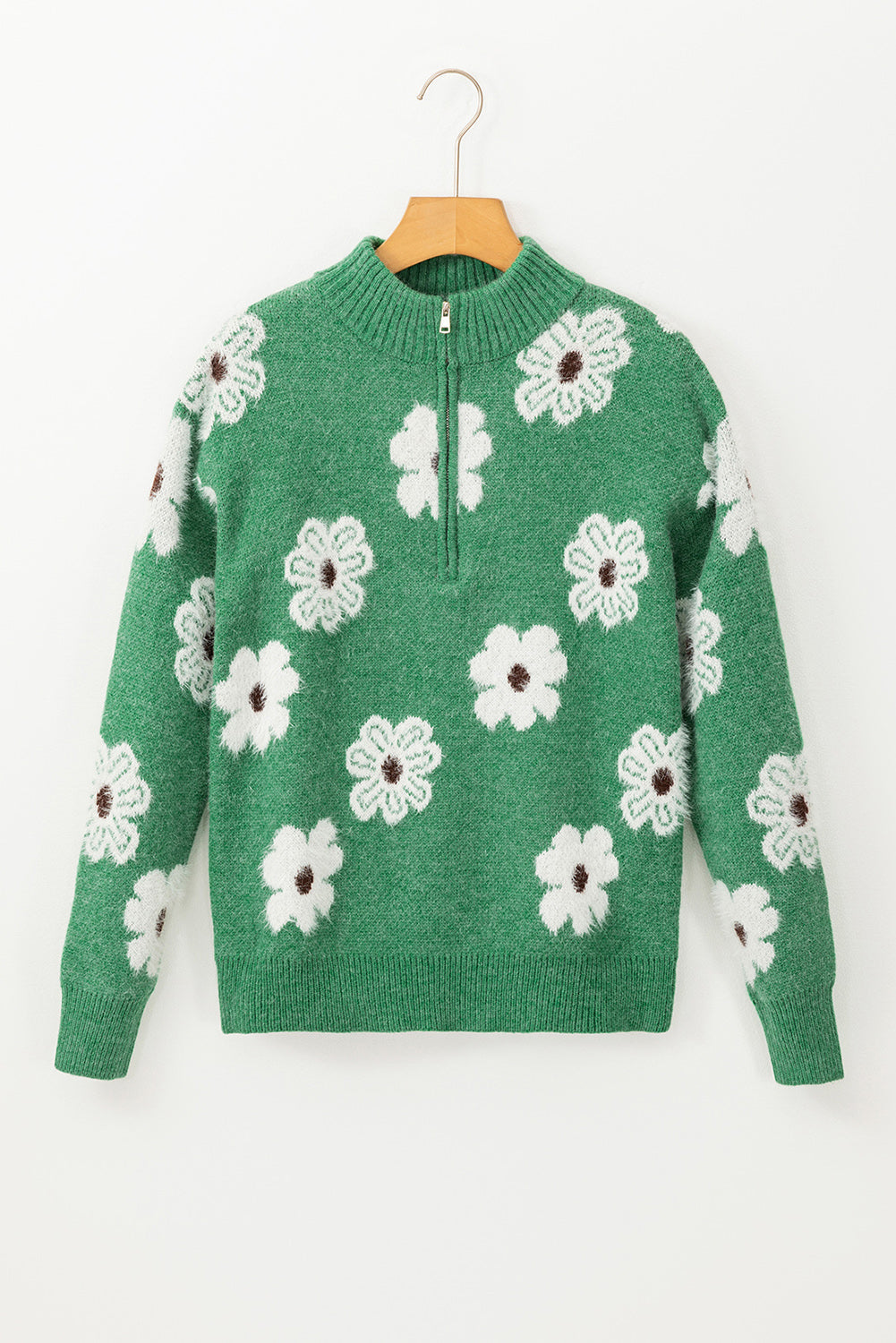 Green Floral Pattern Half Zip Drop Shoulder Sweater eAura