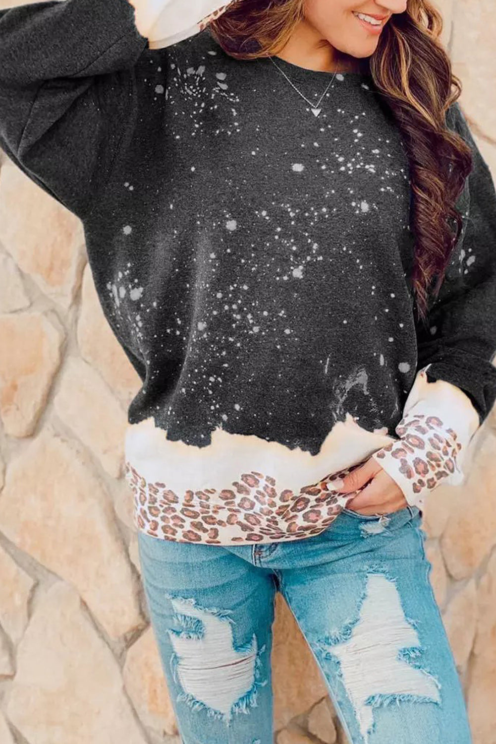 Black Leopard Bleached Pullover Sweatshirt eAura