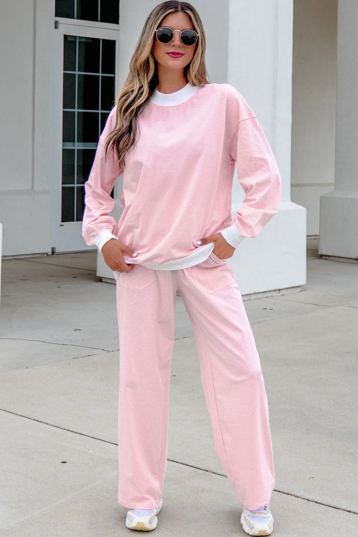 Colour Block Trim Mock Neck Pullover Drawstring Pants Casual Outfit – Pink Stripe