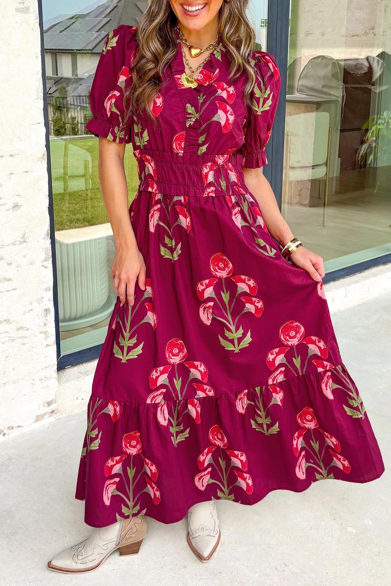 Floral Print Frilled V-Neck Short Sleeve Ruffle Maxi Dress